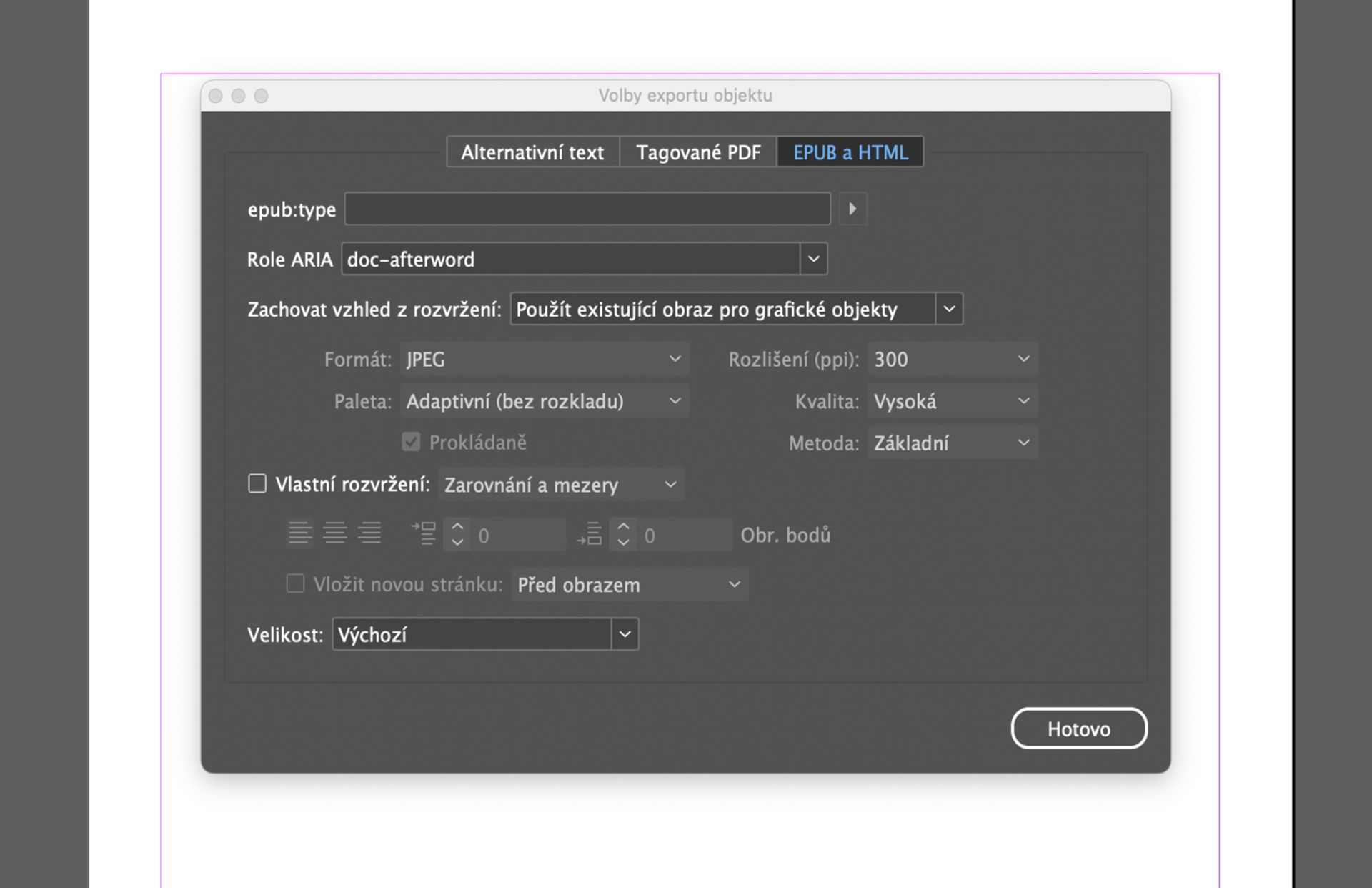 Snímek obrazovky okna Možnosti exportu objektů aplikace Adobe InDesign s aktivní kartou EPUB a HTML, kde jsou zobrazeny možnosti formátu SVG a rozevírací nabídka „Použít SVG jako“ s možnostmi jako Vložit kód, Tagy objektu a Tagy obrázku.