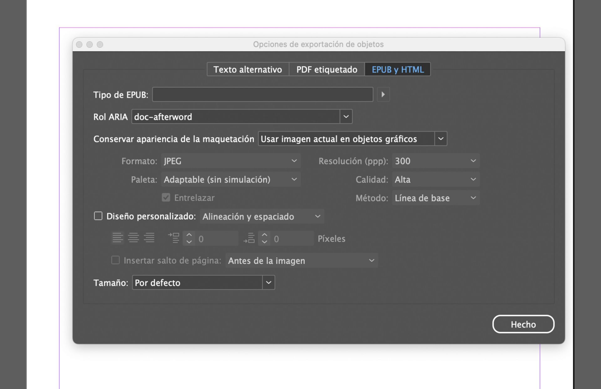 Captura de pantalla de la ventana Opciones de exportación de objetos en Adobe InDesign con la pestaña EPUB y HTML activa, donde aparecen las opciones de formato SVG y un menú desplegable para “Usar SVG como” con selecciones como Código de incrustación, Etiquetas de objeto y Etiquetas de imagen.