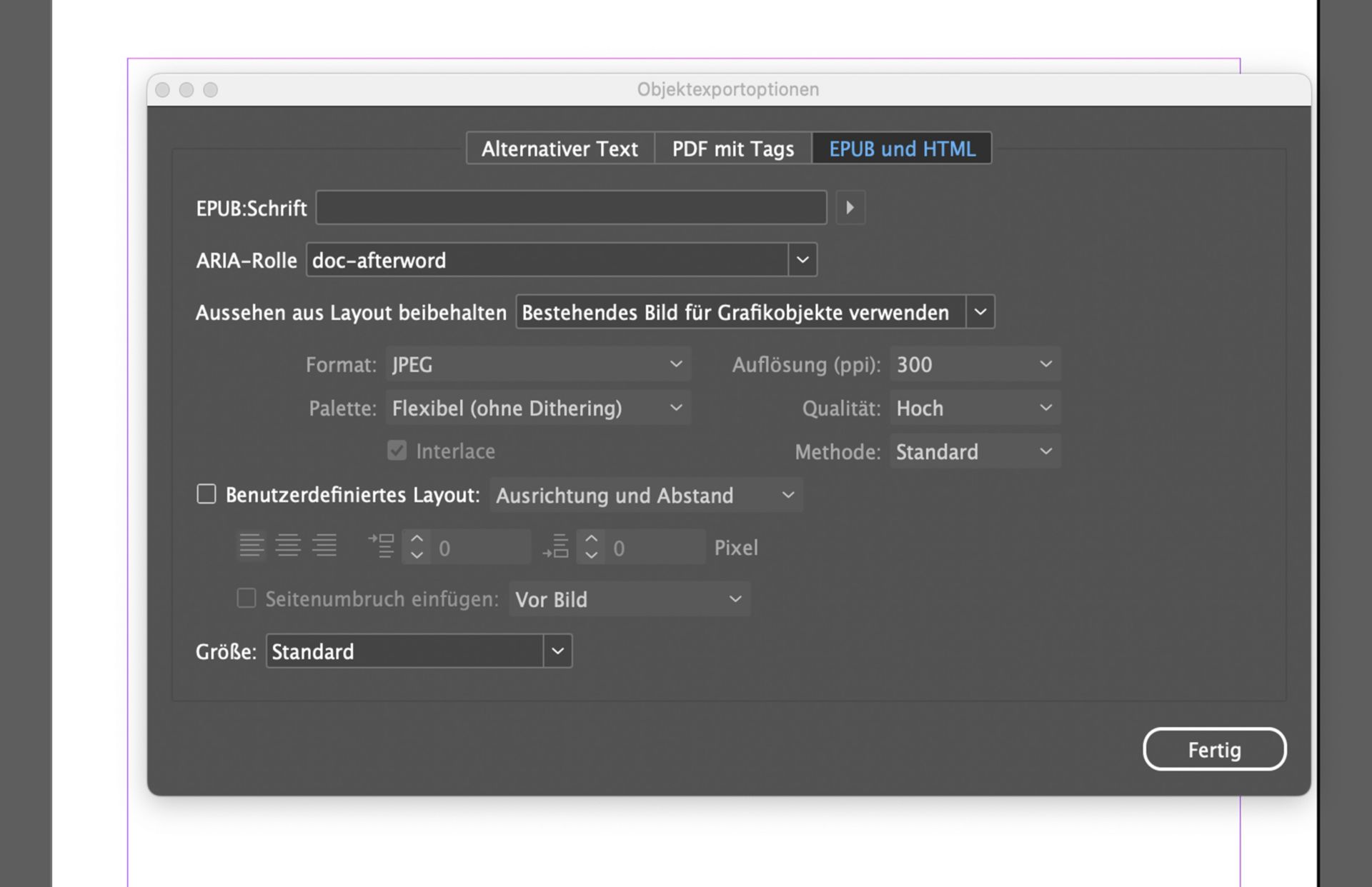 Screenshot des Fensters „Objektexportoptionen“ in Adobe InDesign mit aktiver Registerkarte „EPUB“ und „HTML“ mit Optionen wie „Einbettungs-Code“, „Objekt-Tags“ und „Bild-Tags“ mit SVG-Formatoptionen und einem Dropdown-Menü für „SVG verwenden als“.