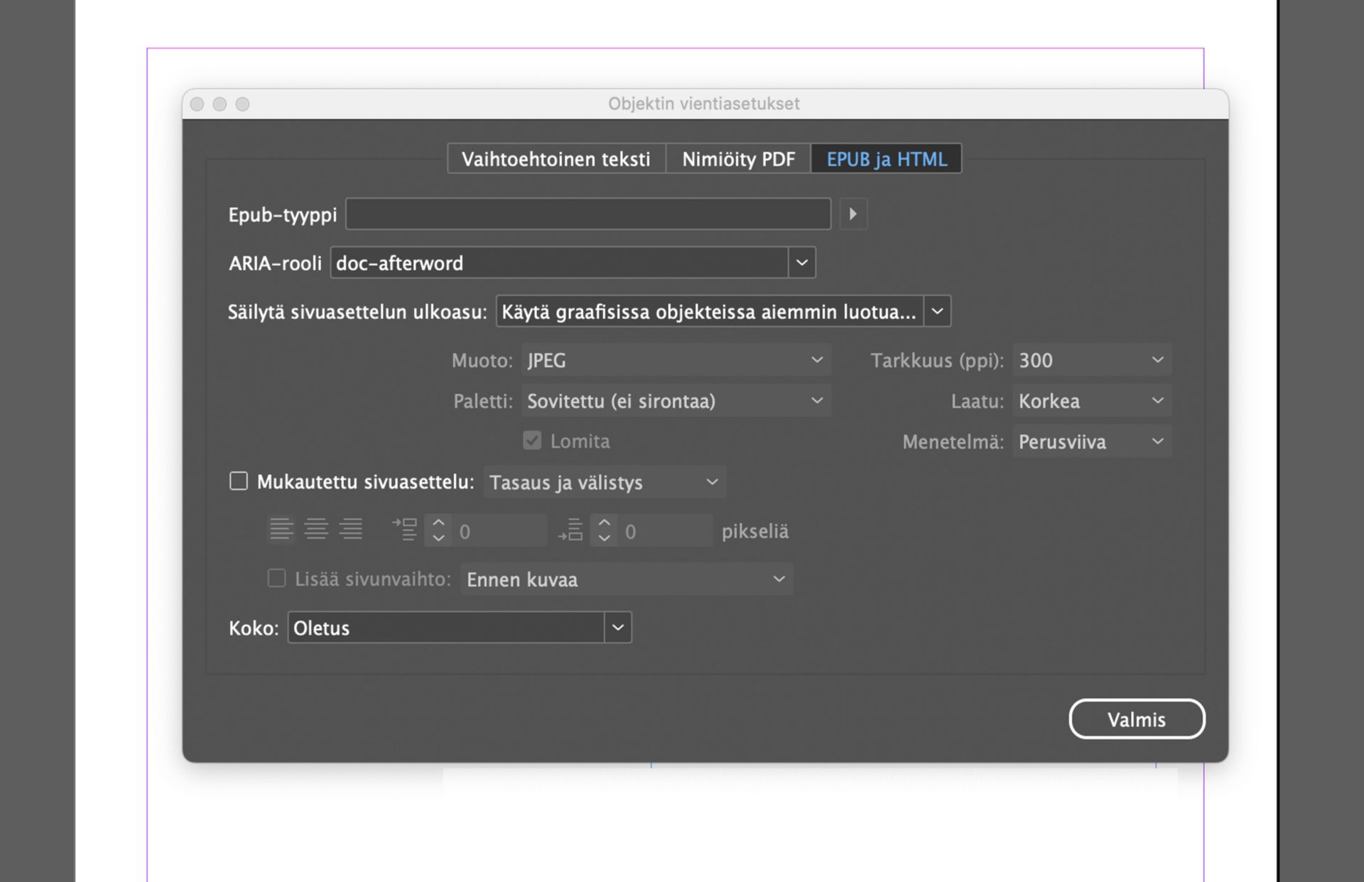 Näyttökuva Adobe InDesignin Objektin vientiasetukset -ikkunasta. EPUB- ja HTML-välilehti on auki, ja avattavassa Käytä SVG:tä muodossa -valikossa näkyy vaihtoehdot Upotuskoodi, Objektitunnisteet ja Kuvatunnisteet.