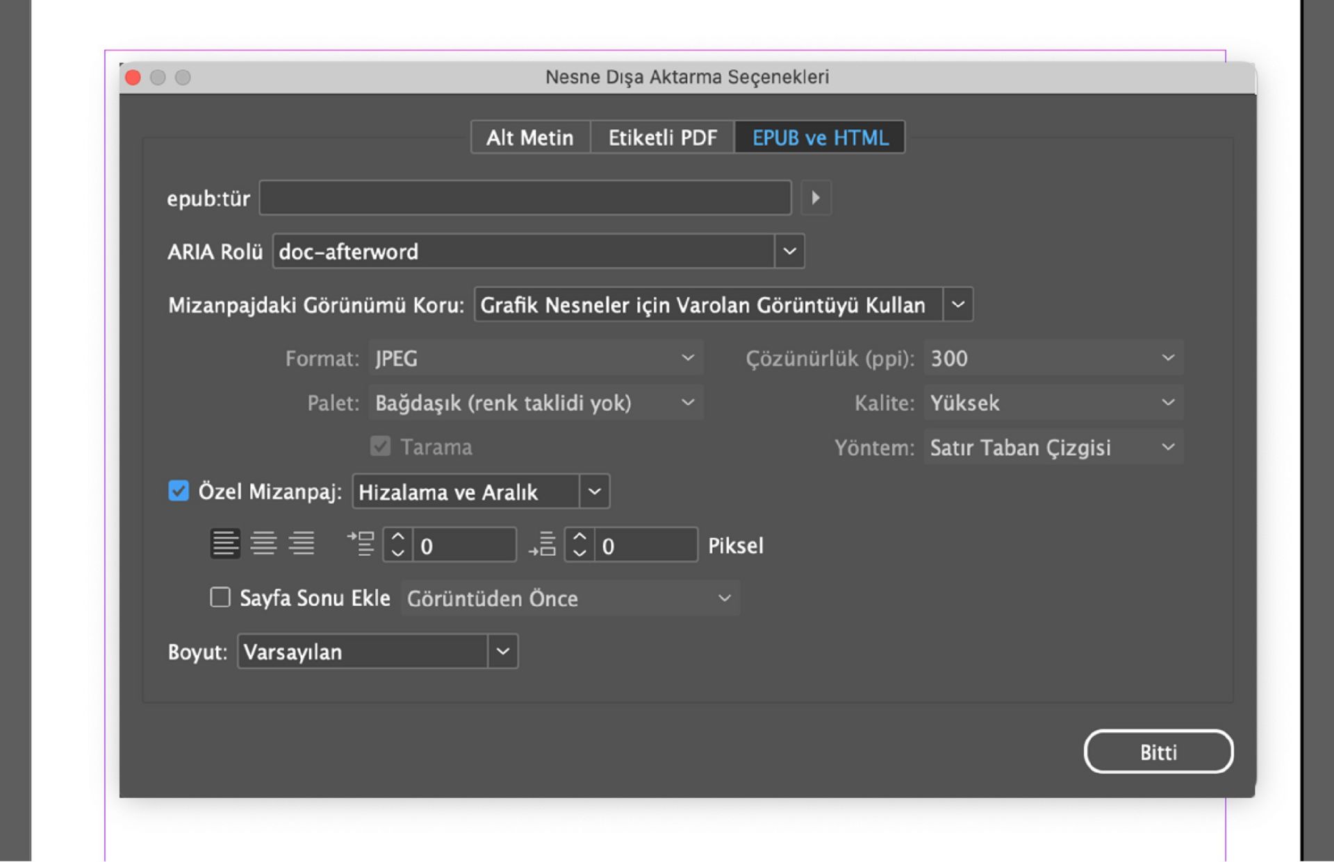 Adobe InDesign'da EPUB ve HTML sekmesi etkinken Nesne Dışa Aktarma Seçenekleri penceresinin ekran görüntüsü, SVG format seçenekleri ve Gömme Kodu, Nesne Etiketleri ve Görüntü Etiketleri gibi seçimlerin bulunduğu &quot;SVG'yi Farklı Kullan&quot; açılır menüsü görüntüleniyor.
