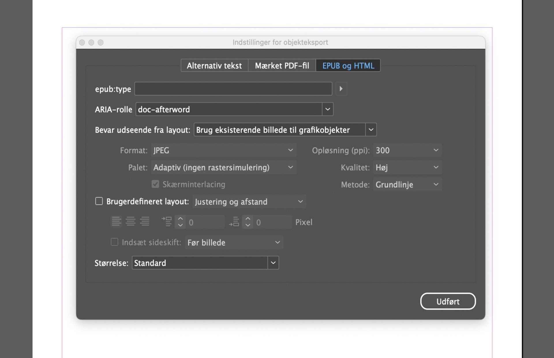 Skærmbillede af vinduet Indstillinger for objekteksport i Adobe InDesign med fanen EPUB og HTML aktiv, der viser SVG-formatindstillinger og en rulleliste til &quot;Brug SVG som&quot; med markeringer som Indlejringskode, Objektmærker og Billedmærker.