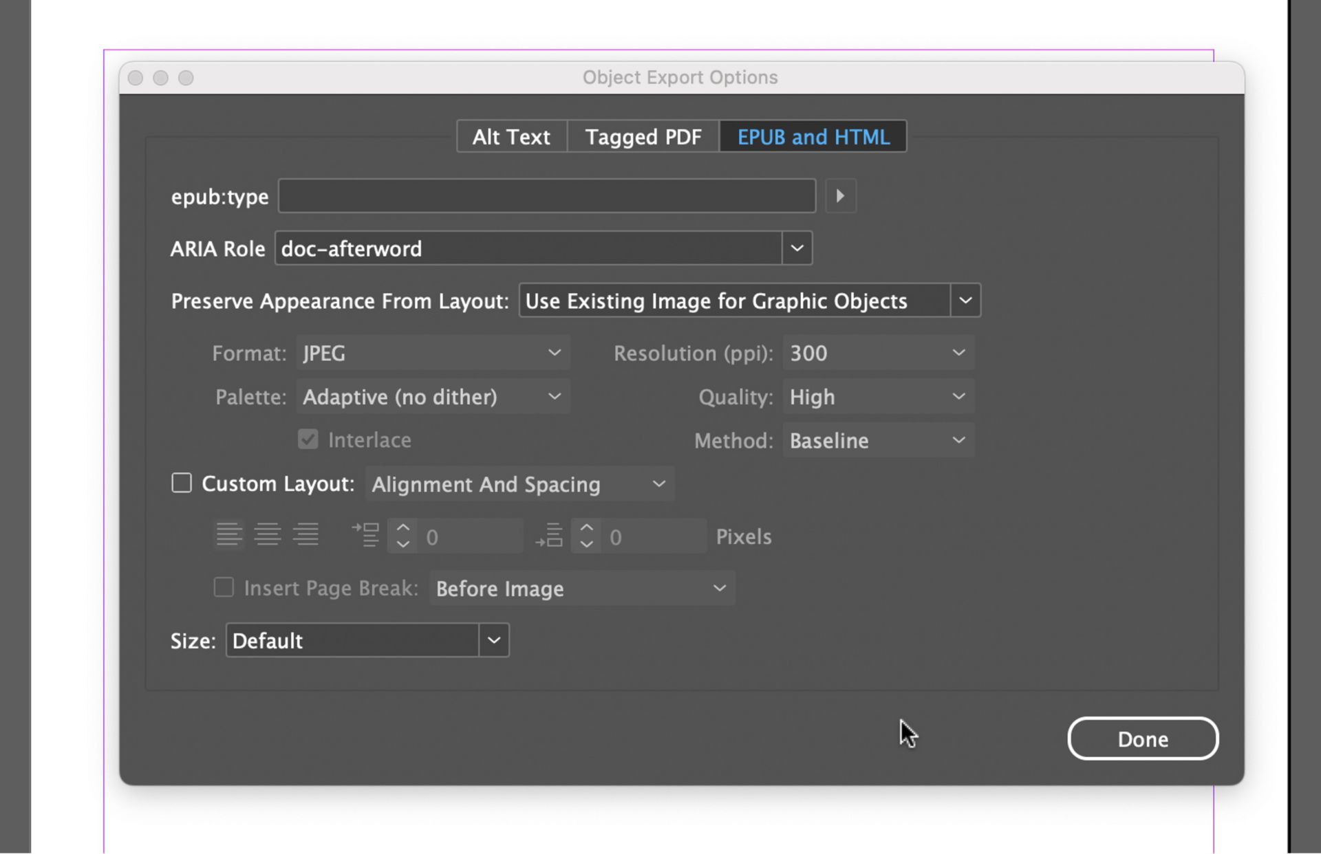 Screenshot of the Object Export Options window in Adobe InDesign with the EPUB and HTML tab active, displaying SVG format options and a dropdown for "Use SVG As" with selections like Embed Code, Object Tags, and Image Tags.