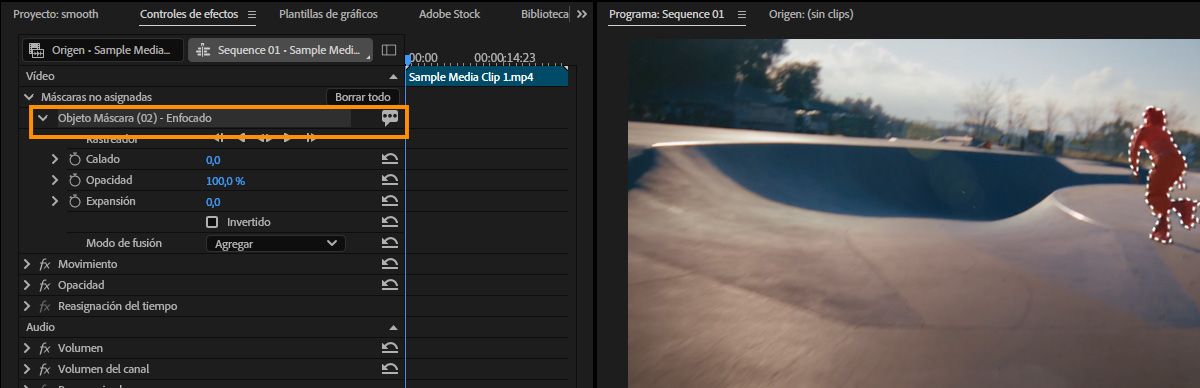 Máscara de objeto configurada en modo Nítido creando una máscara nítida y de bordes duros alrededor de un sujeto en el Monitor del programa.
