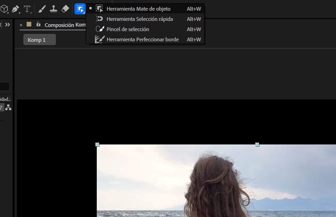 Las herramientas principales de Object Matte son visibles en la barra de menús y en el panel Composición.Se selecciona un elemento visual para propagación y congelación.