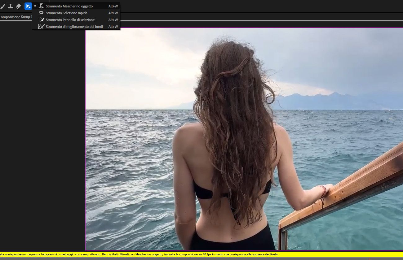 Gli strumenti principali Mascherino oggetto sono visibili nella barra dei menu e nel pannello Composizione.Un elemento visivo è selezionato per la propagazione e il congelamento.