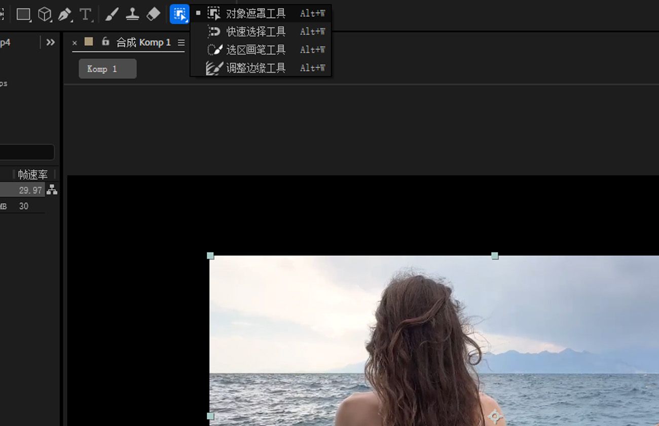 对象遮罩核心工具在菜单栏和合成面板中可见。选择一个视觉元素进行传播和冻结。