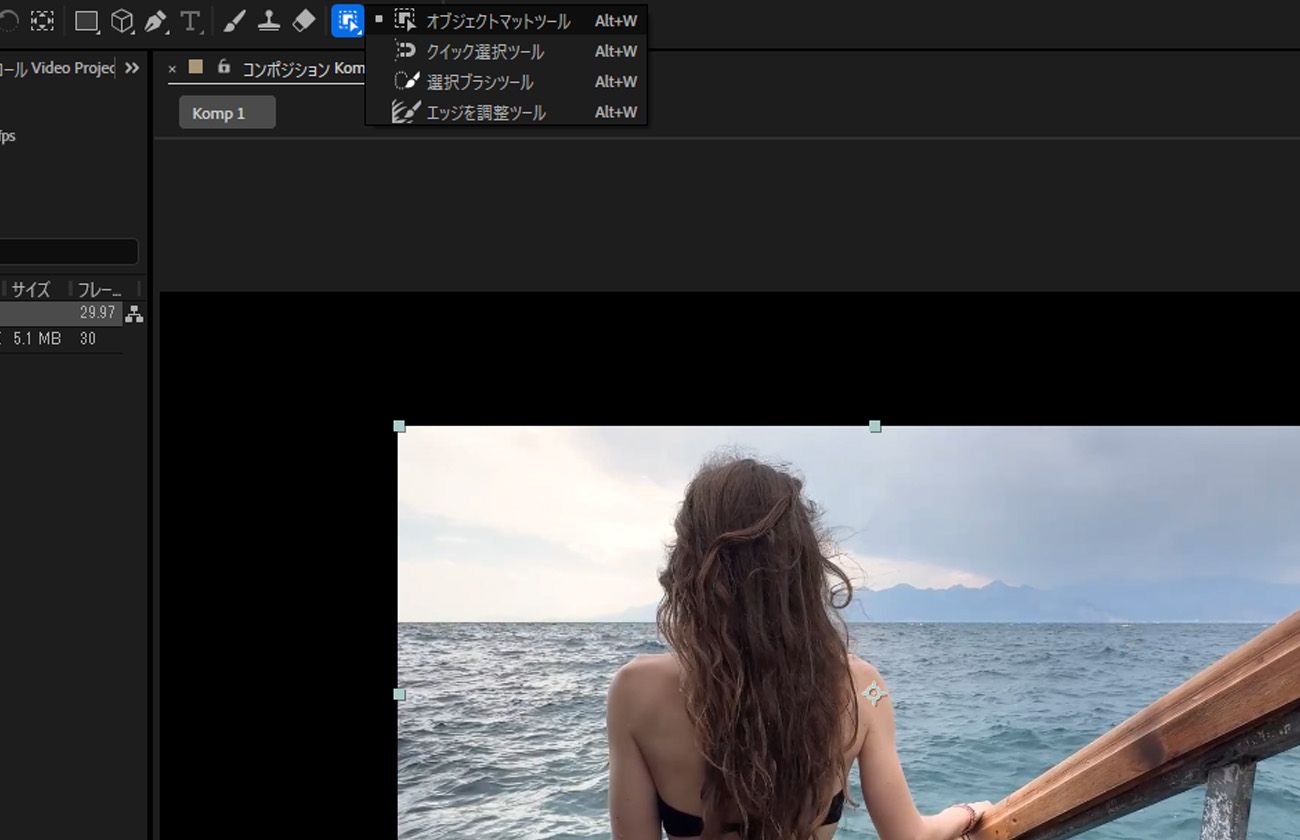 オブジェクトマットコアツールは、メニューバーとコンポジションパネルに表示されます。ビジュアル要素が伝播とフリーズの対象として選択されています。