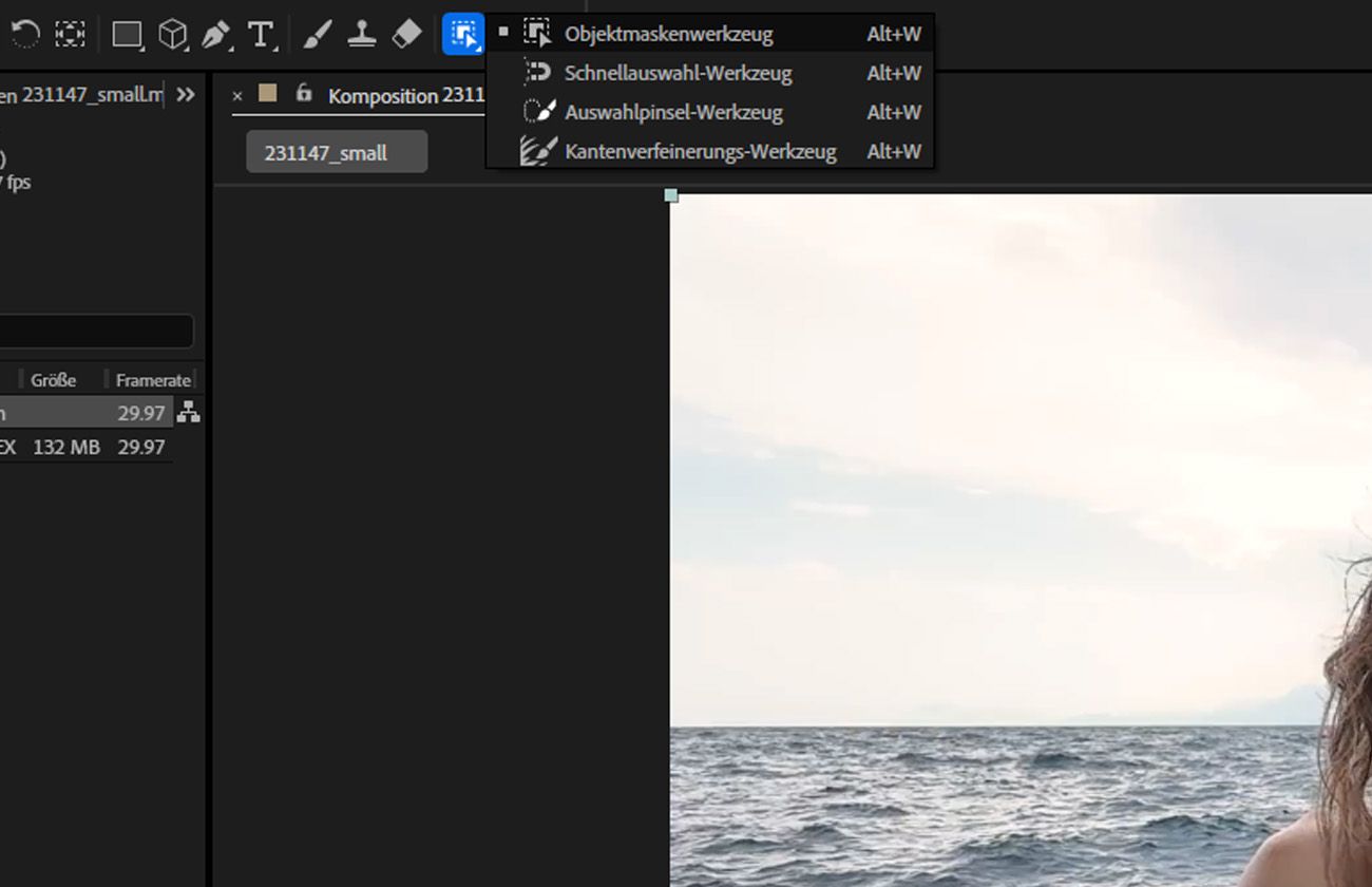 Die Objektmasken-Kern-Tools sind in der Menüleiste und im Kompositionsbedienfeld sichtbar.Ein visuelles Element wird für die Übertragung und das Einfrieren ausgewählt.
