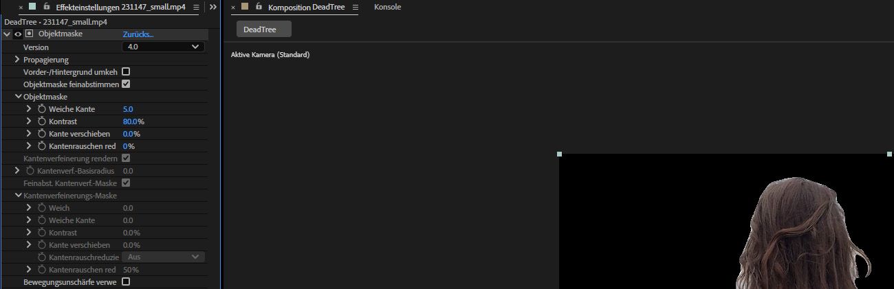 Das Effektsteuerungs-Bedienfeld ist geöffnet und die Details des Objektmasken-Effekts sind geöffnet, um dessen Eigenschaften anzupassen.