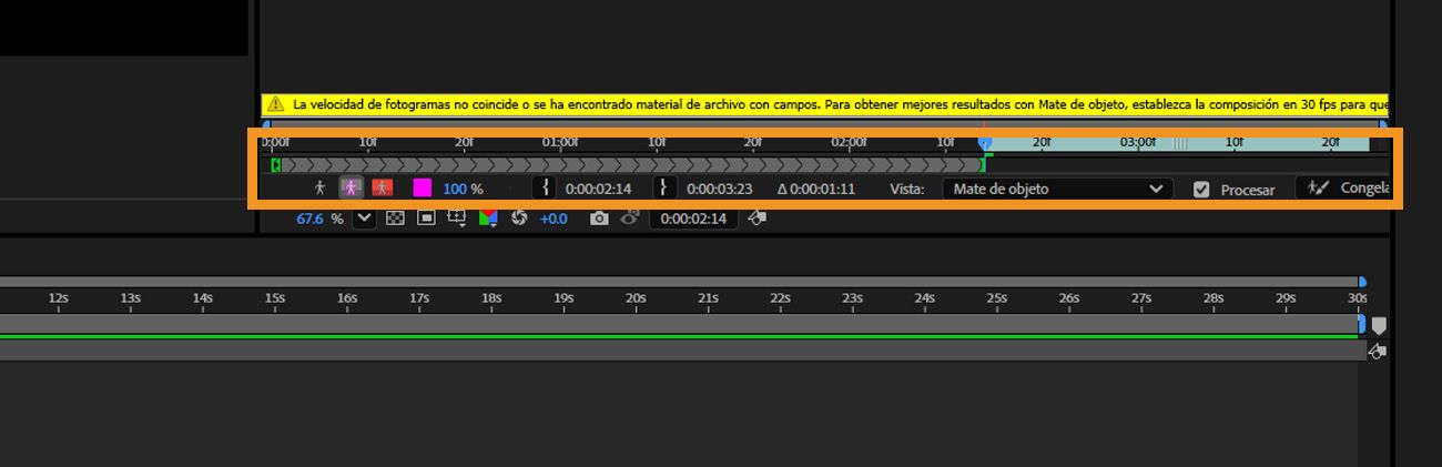 Los segmentos verdes a lo largo de la cronología representan marcos donde el mate se ha propagado correctamente.
