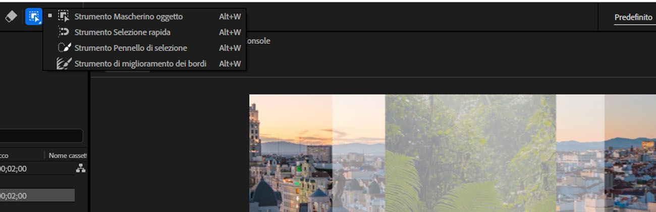 Gli strumenti principali di Mascherino oggetto sono visibili nella barra dei menu e nel pannello Composizione.Un elemento visivo è selezionato per la propagazione e il congelamento.