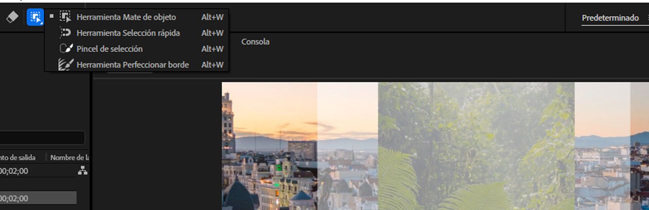 Las herramientas principales de Object Matte son visibles en la barra de menús y en el panel Composición.Se selecciona un elemento visual para propagación y congelación.