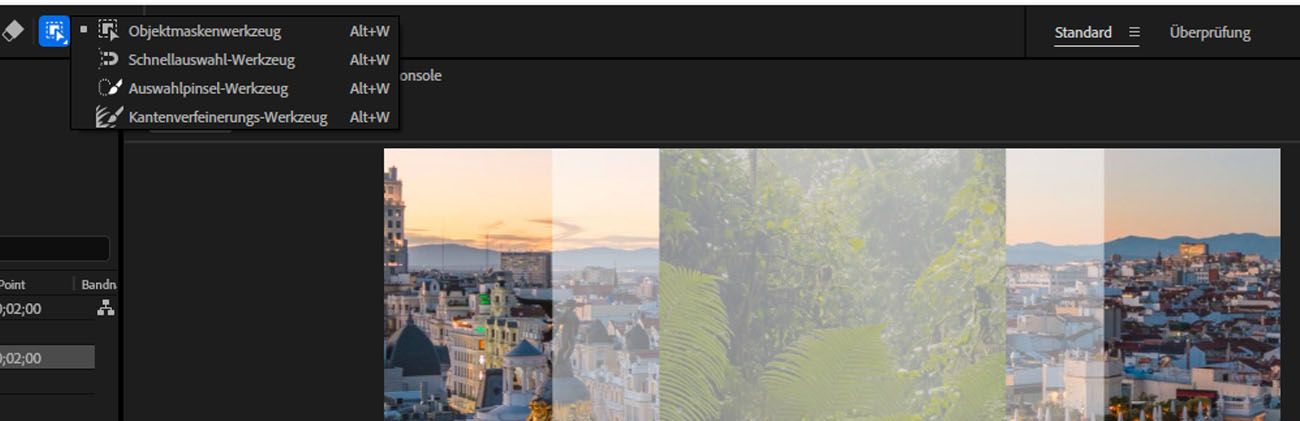 Die Objektmasken-Kern-Tools sind in der Menüleiste und im Kompositionsbedienfeld sichtbar.Ein visuelles Element wird für die Übertragung und das Einfrieren ausgewählt.