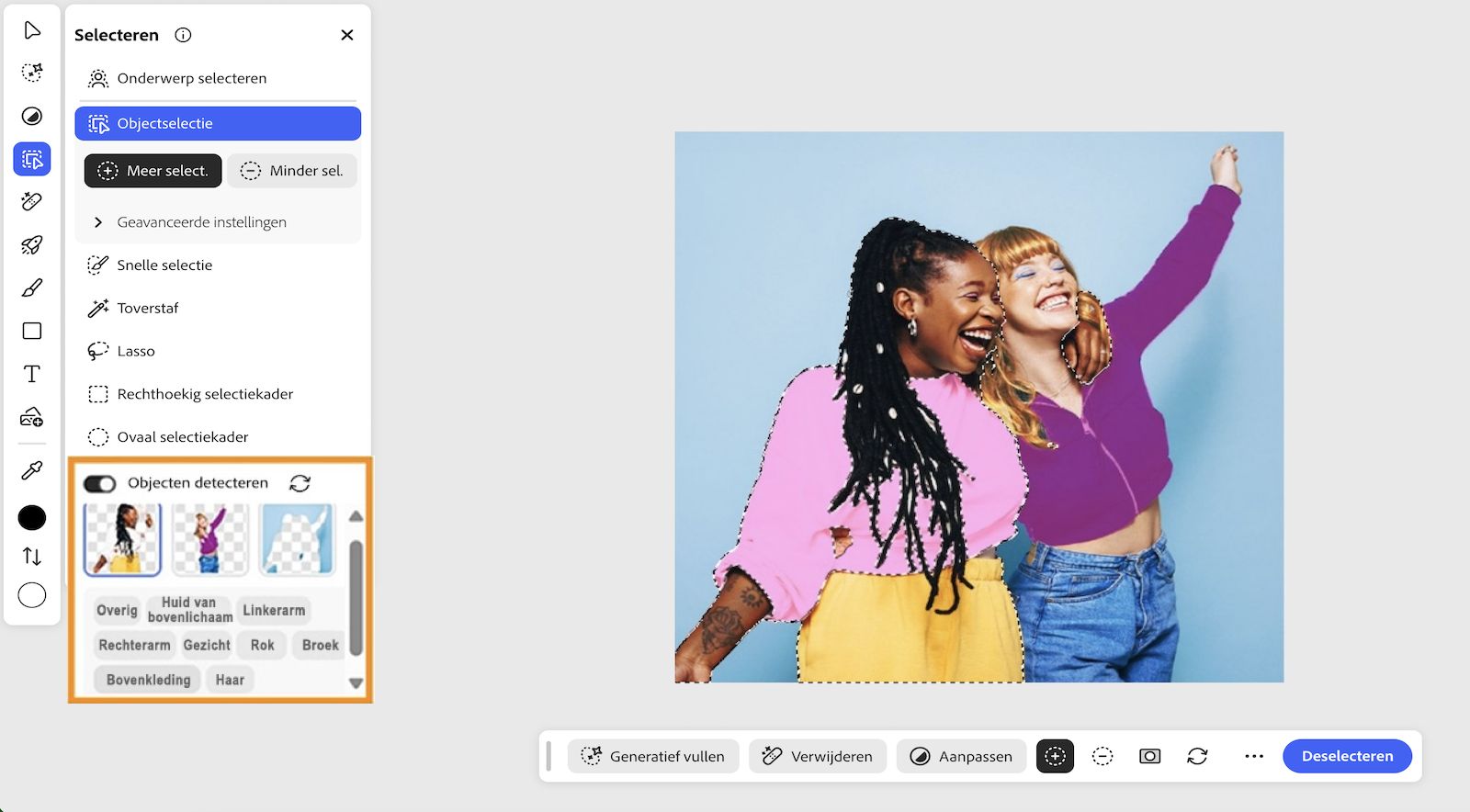 De tool Object selecteren is geselecteerd en het deelvenster Selecteren wordt weergegeven op het scherm met de selectietools, de personen die in de geüploade afbeelding zijn gedetecteerd en hun kenmerken.