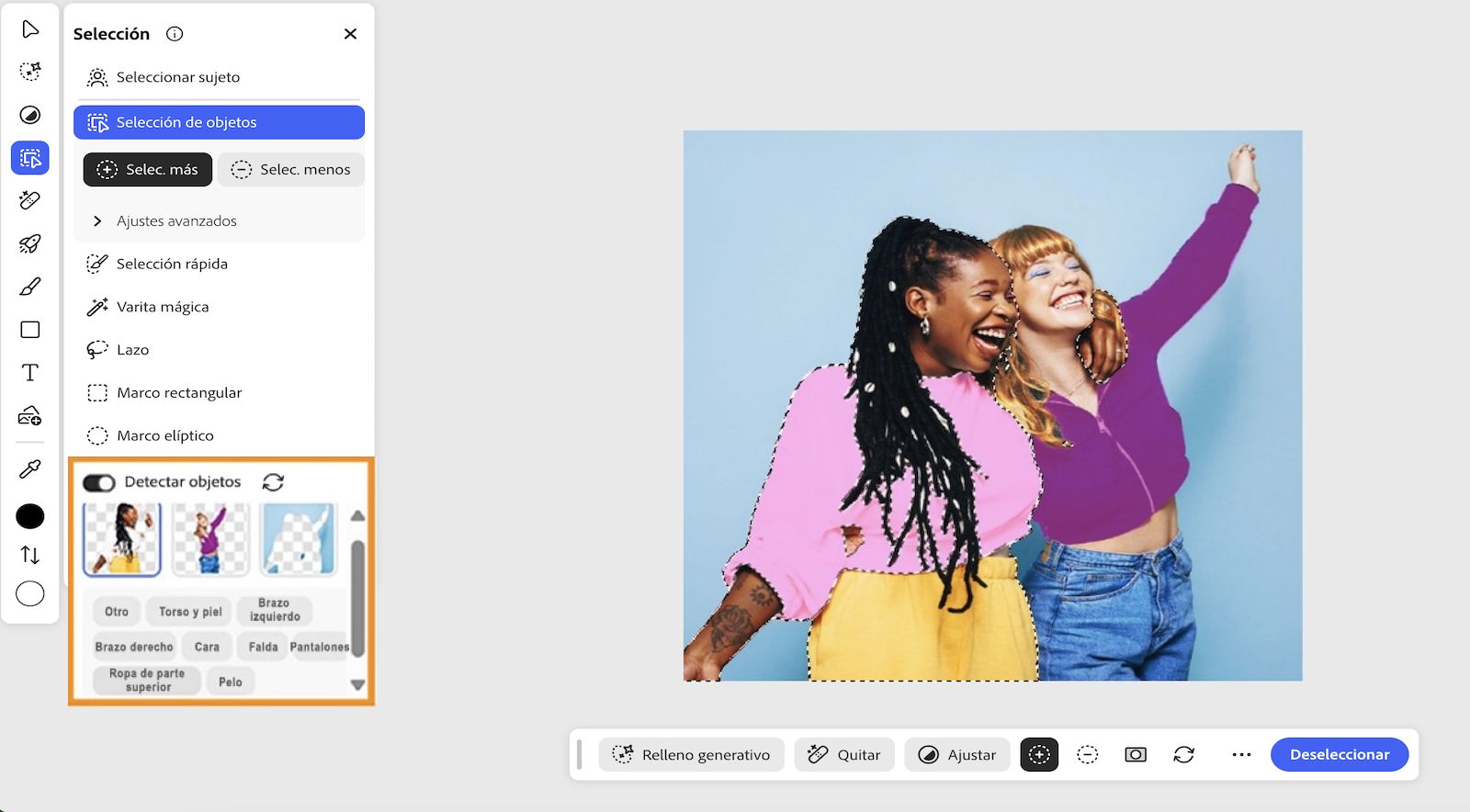 La herramienta Selección de objetos está seleccionada y se visualiza el panel Selección en la pantalla, que muestra las herramientas de selección y las personas que se han detectado en la imagen cargada, así como sus atributos.