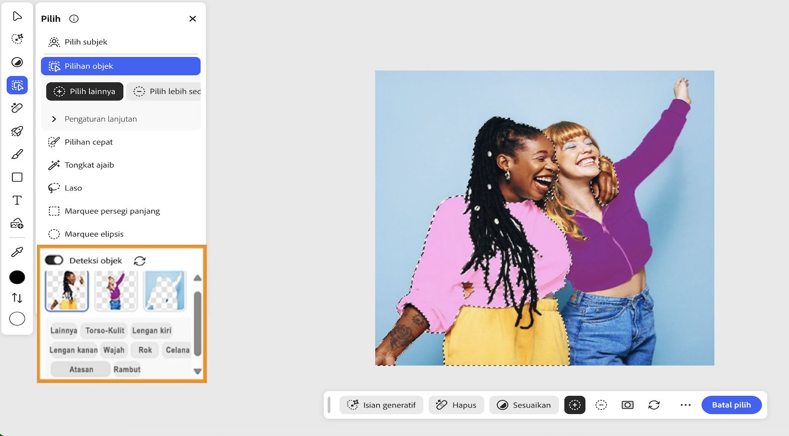 Alat Seleksi objek dipilih dan panel Pilih ditampilkan di layar, yang menunjukkan alat seleksi, orang yang terdeteksi dalam gambar yang diunggah, dan atributnya.
