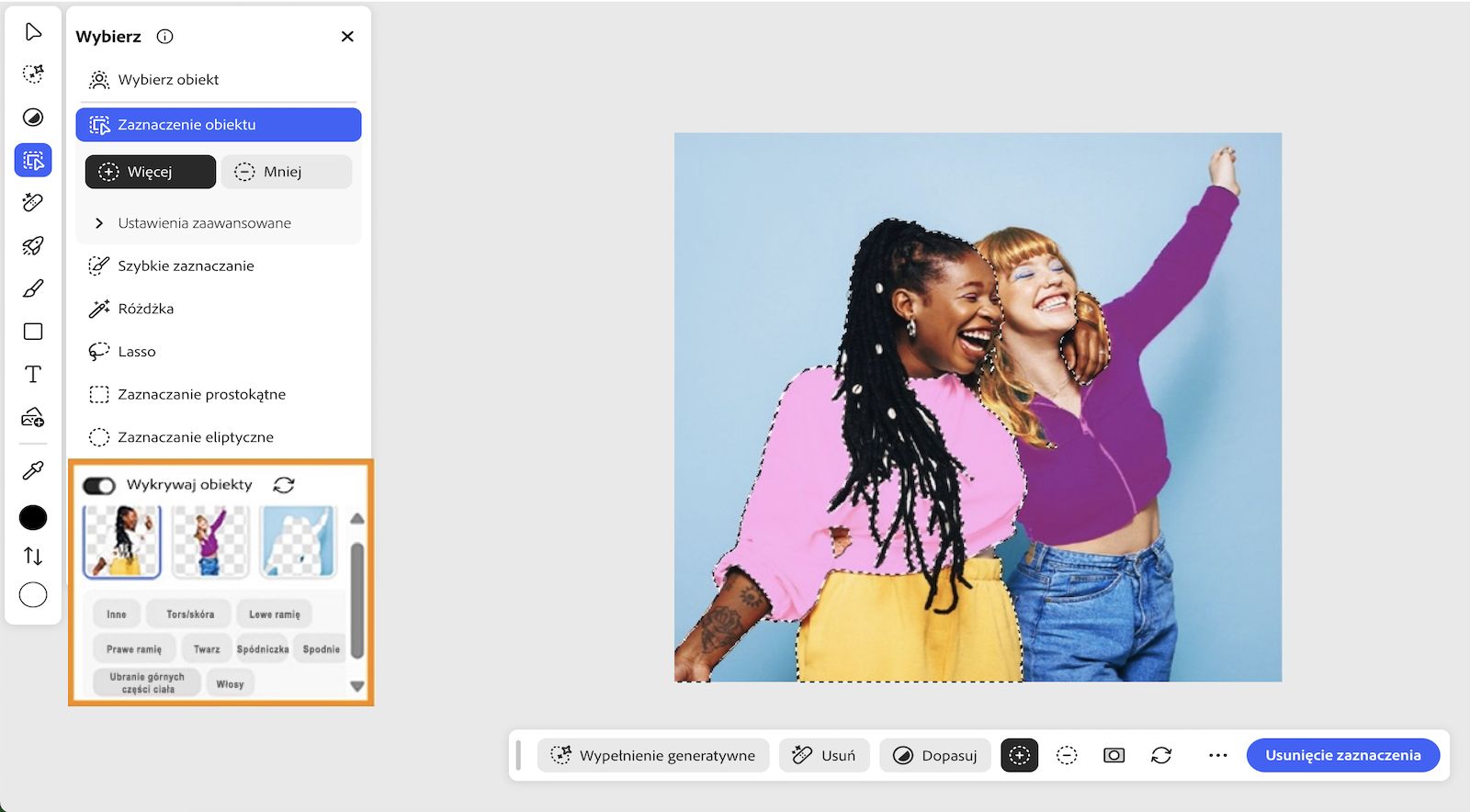 Narzędzie Zaznaczanie obiektów jest wybrane, a na ekranie jest wyświetlany panel Zaznaczanie, który zawiera narzędzia do zaznaczania, osoby wykryte w wysyłanym obrazie oraz ich atrybuty.