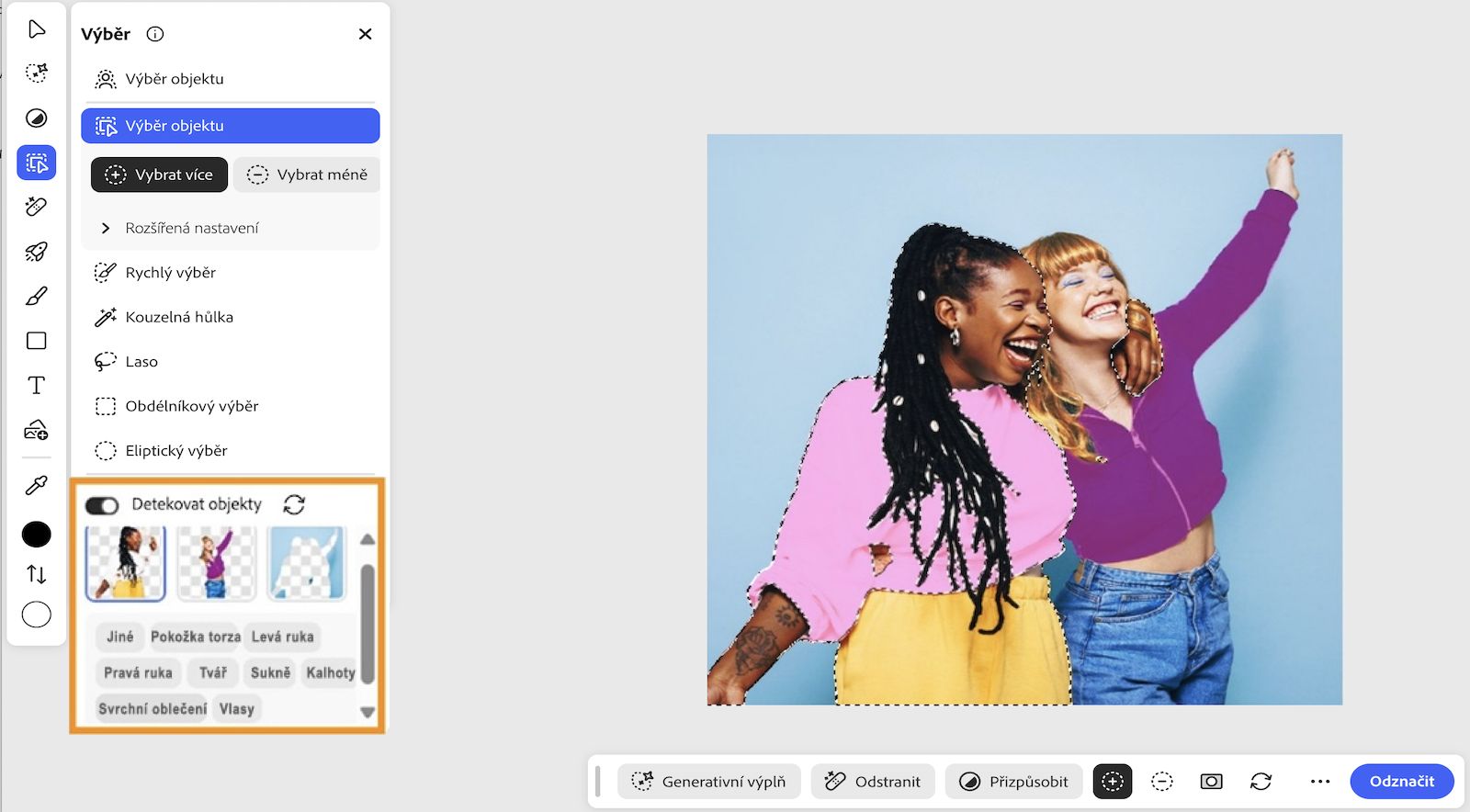 Je vybraný nástroj Výběr objektu a na obrazovce je zobrazený panel Výběr, na kterém jsou nástroje pro výběr, lidé rozpoznaní v nahraném obrázku a jejich atributy.