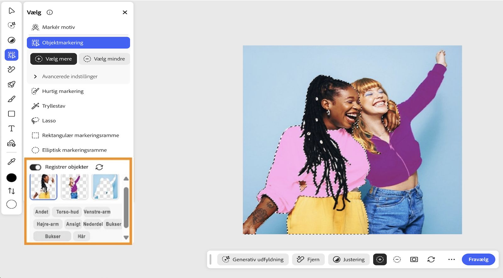 Objektmarkeringsværktøjet vælges, og panelet Markér vises på skærmen med markeringsværktøjerne, personer, der er registreret i det uploadede billede, og deres attributter.