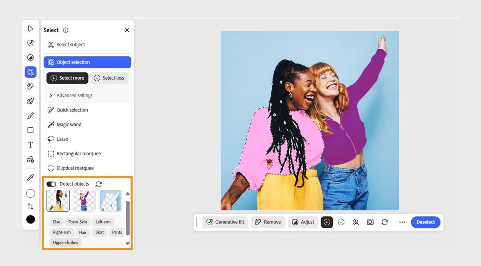 Object selection tool is selected and Select panel is displayed on the screen showcasing the selection tools, people detected in the uploaded image and their attributes.