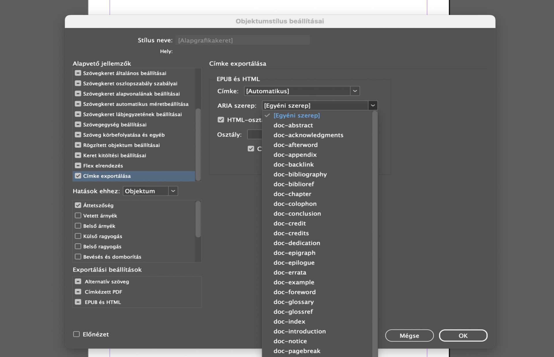 Az Objektumstílus beállítási párbeszédpanel a rendelkezésre álló különböző beállításokat mutatja.