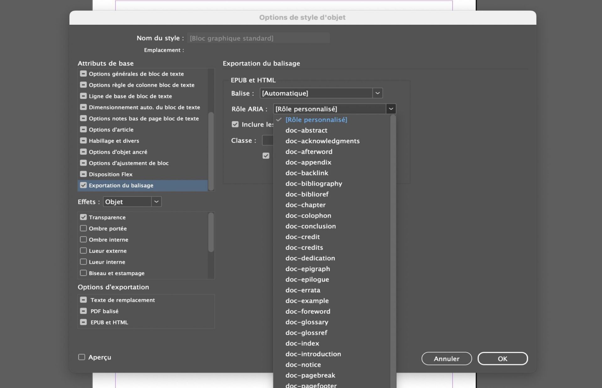 Boîte de dialogue des options de style d’objet affichant les diverses options disponibles.