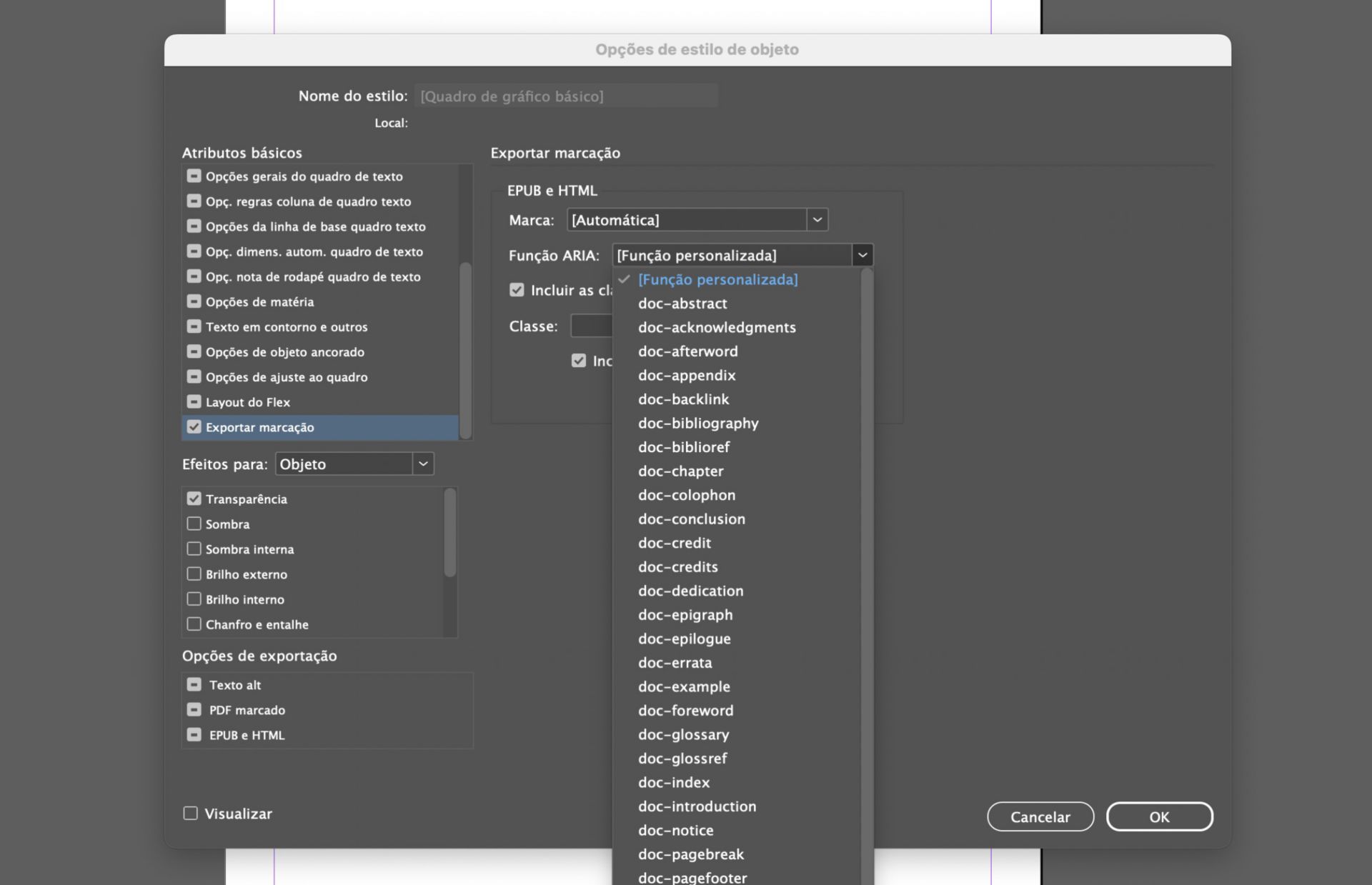 Caixa de diálogo Opções de estilo de objeto mostrando várias opções disponíveis.