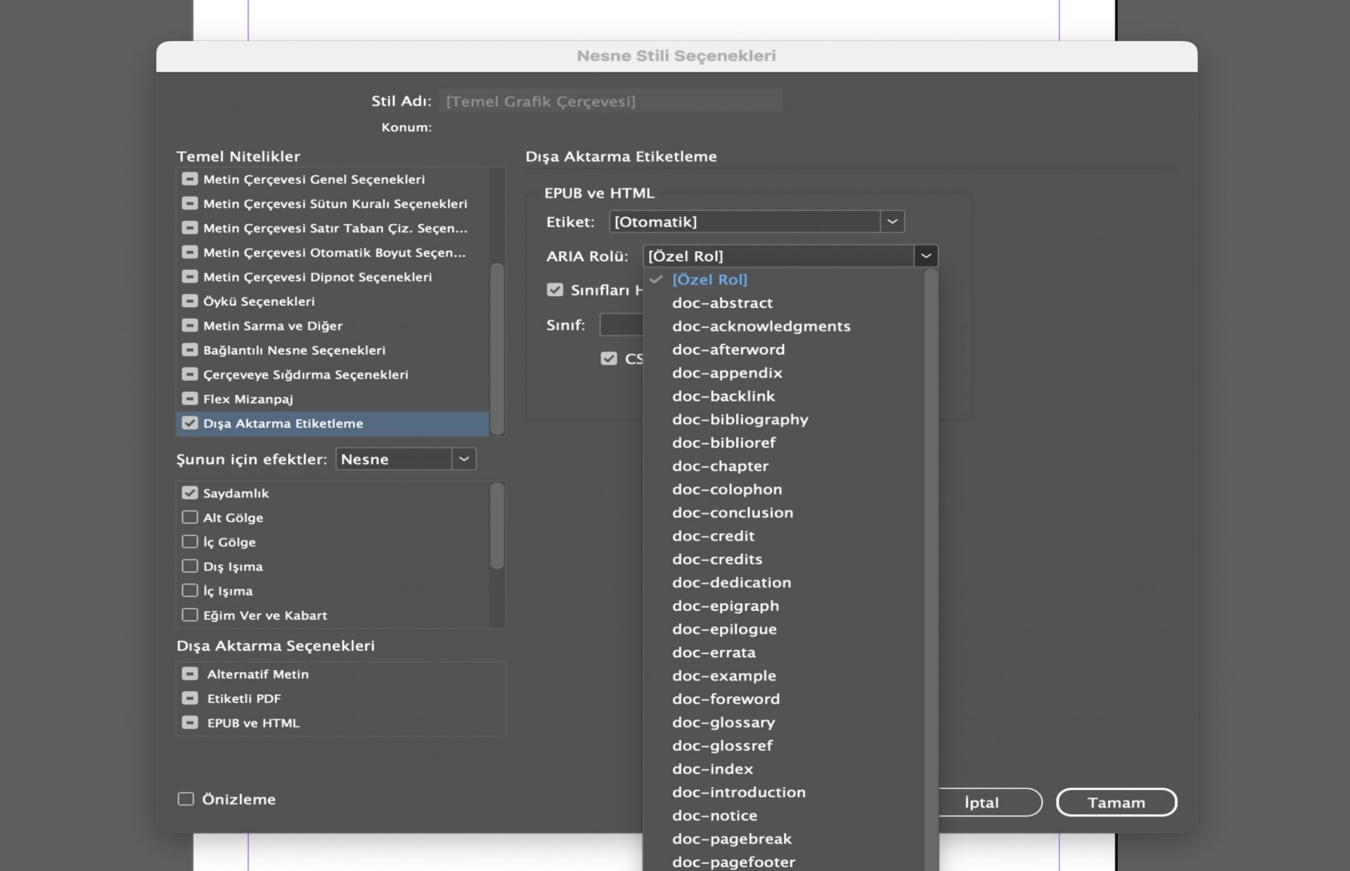 Çeşitli mevcut seçenekleri gösteren Nesne Stili seçeneği iletişim kutusu.