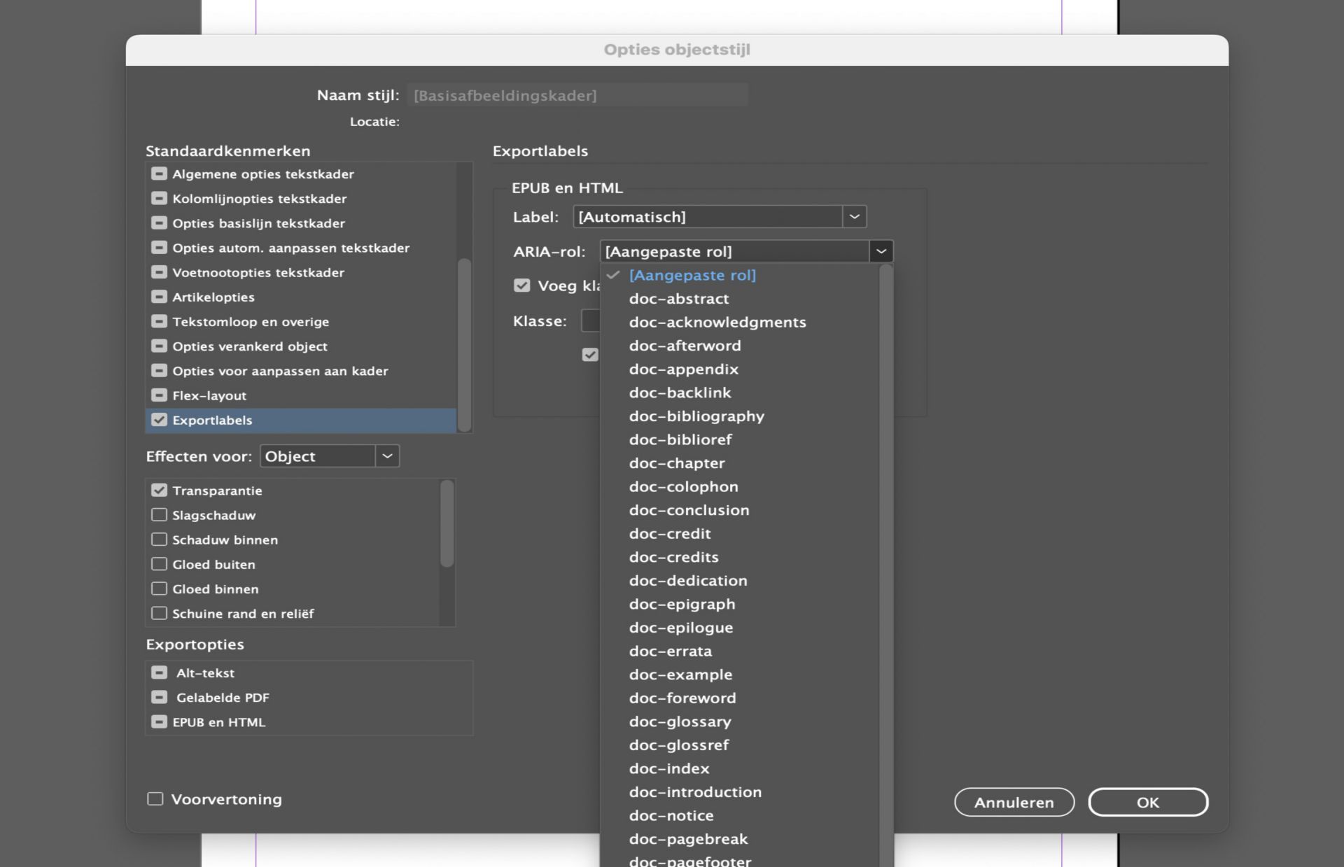 Dialoogvenster Objectstijloptie met verschillende beschikbare opties.