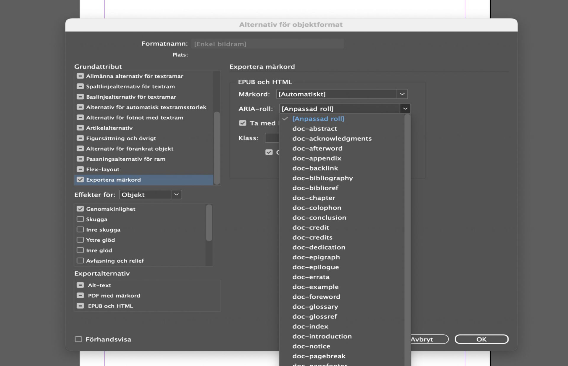 Dialogrutan för objektstilalternativ som visar olika tillgängliga alternativ.