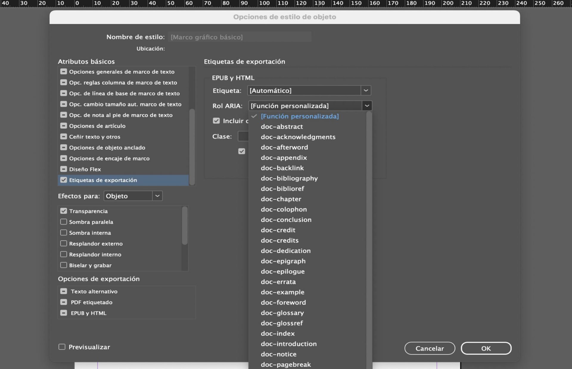 Cuadro de diálogo de opciones de Estilo de objeto que muestra varias opciones disponibles.