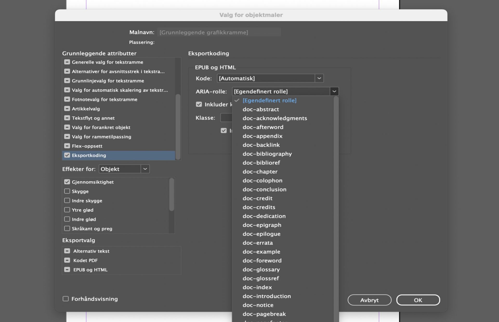 Dialogboksen for objektstilalternativer som viser ulike tilgjengelige alternativer.