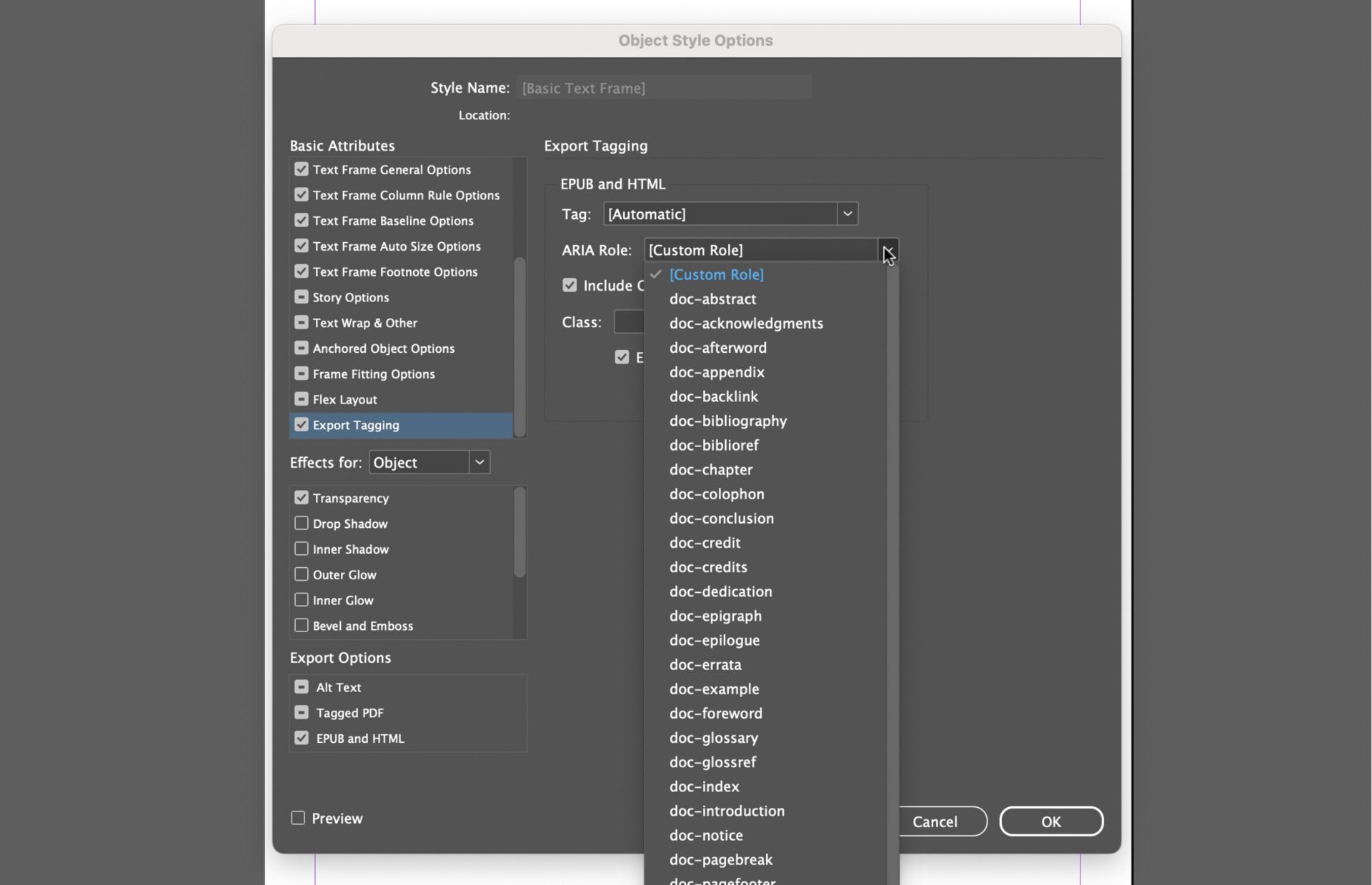 תיבת הדו-שיח Object Style options מציגה את האפשרויות השונות הזמינות.