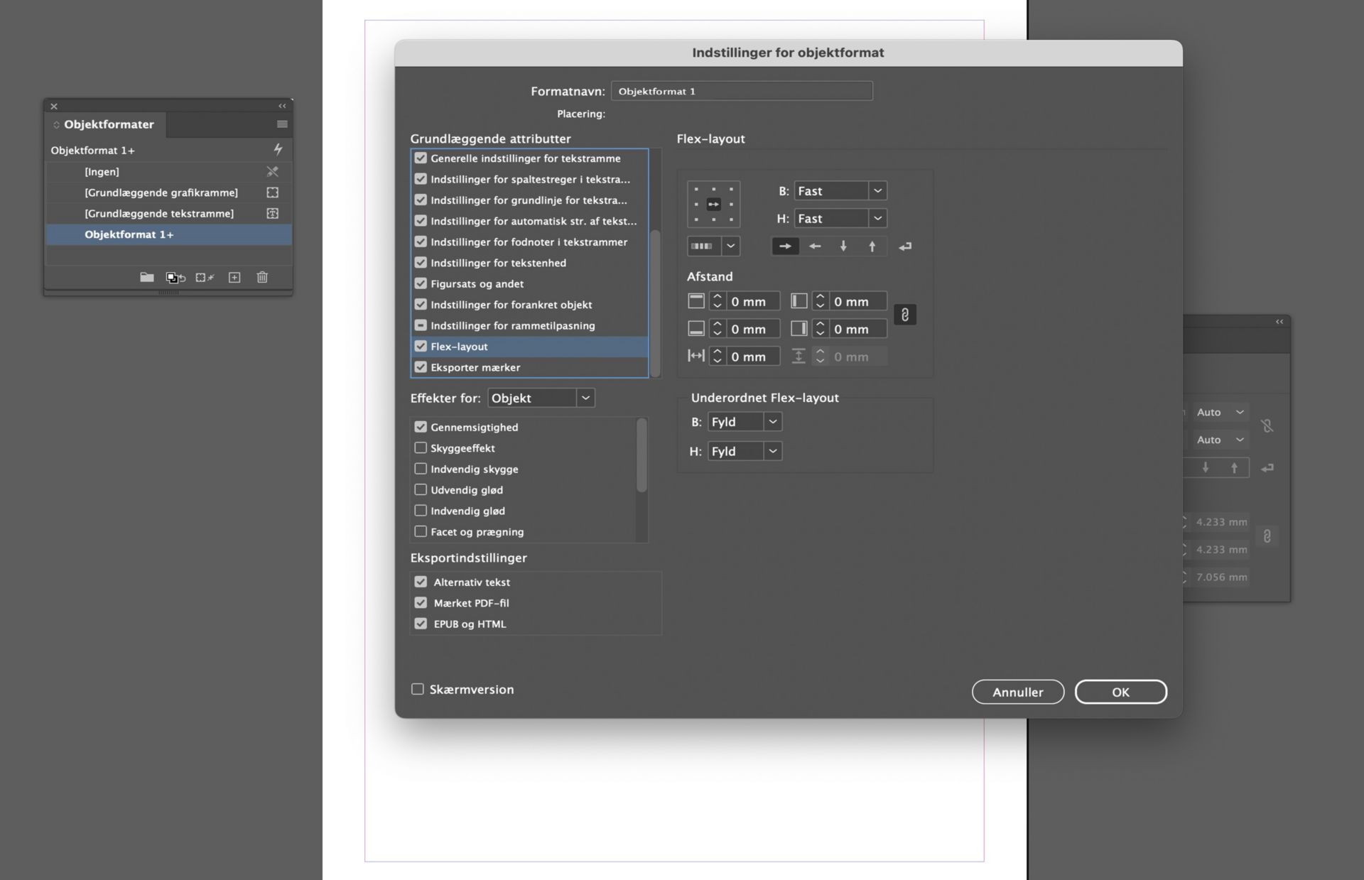 Dialogboksen Indstillinger for objektformat er åbnet med flex-layout-indstillinger valgt