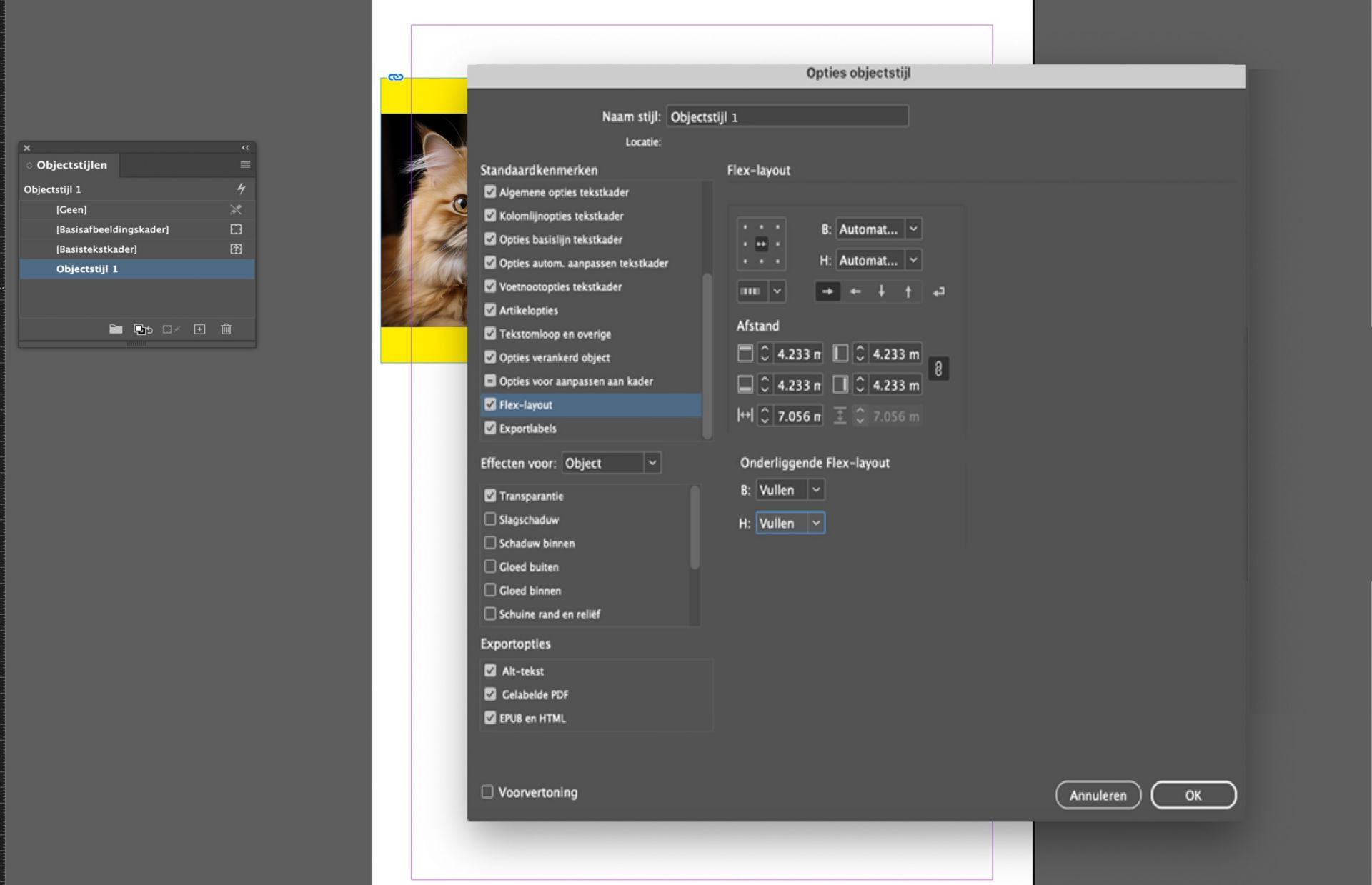 Het dialoogvenster Opties objectstijl is geopend met Flex Layout-opties geselecteerd