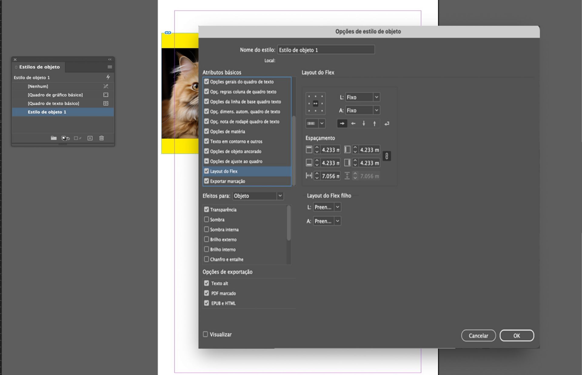 A caixa de diálogo Opções de estilo do objeto é aberta com as opções de Layout Flex selecionadas.