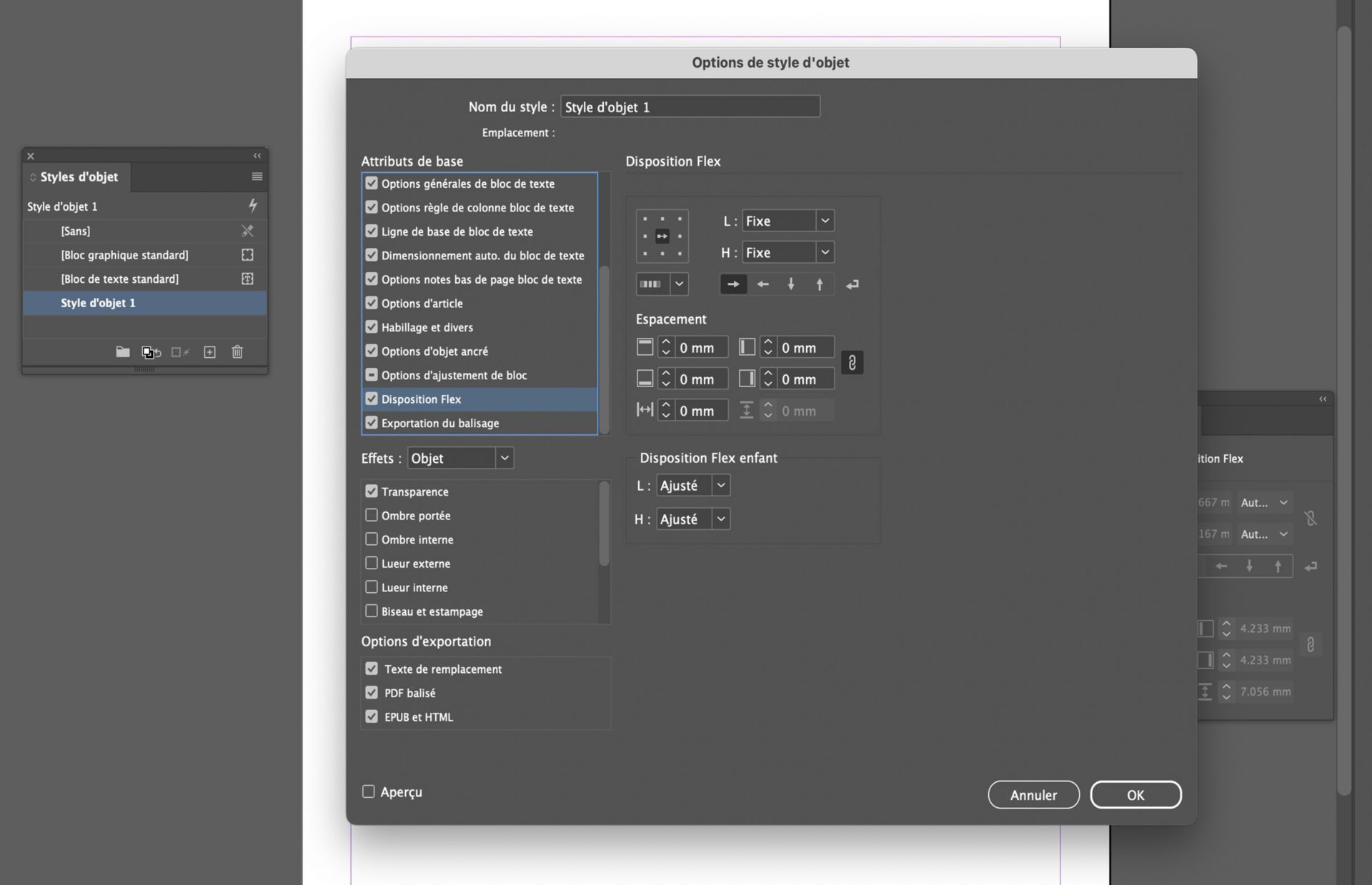 La boîte de dialogue Options de style d’objet est ouverte avec les options de disposition Flex sélectionnées