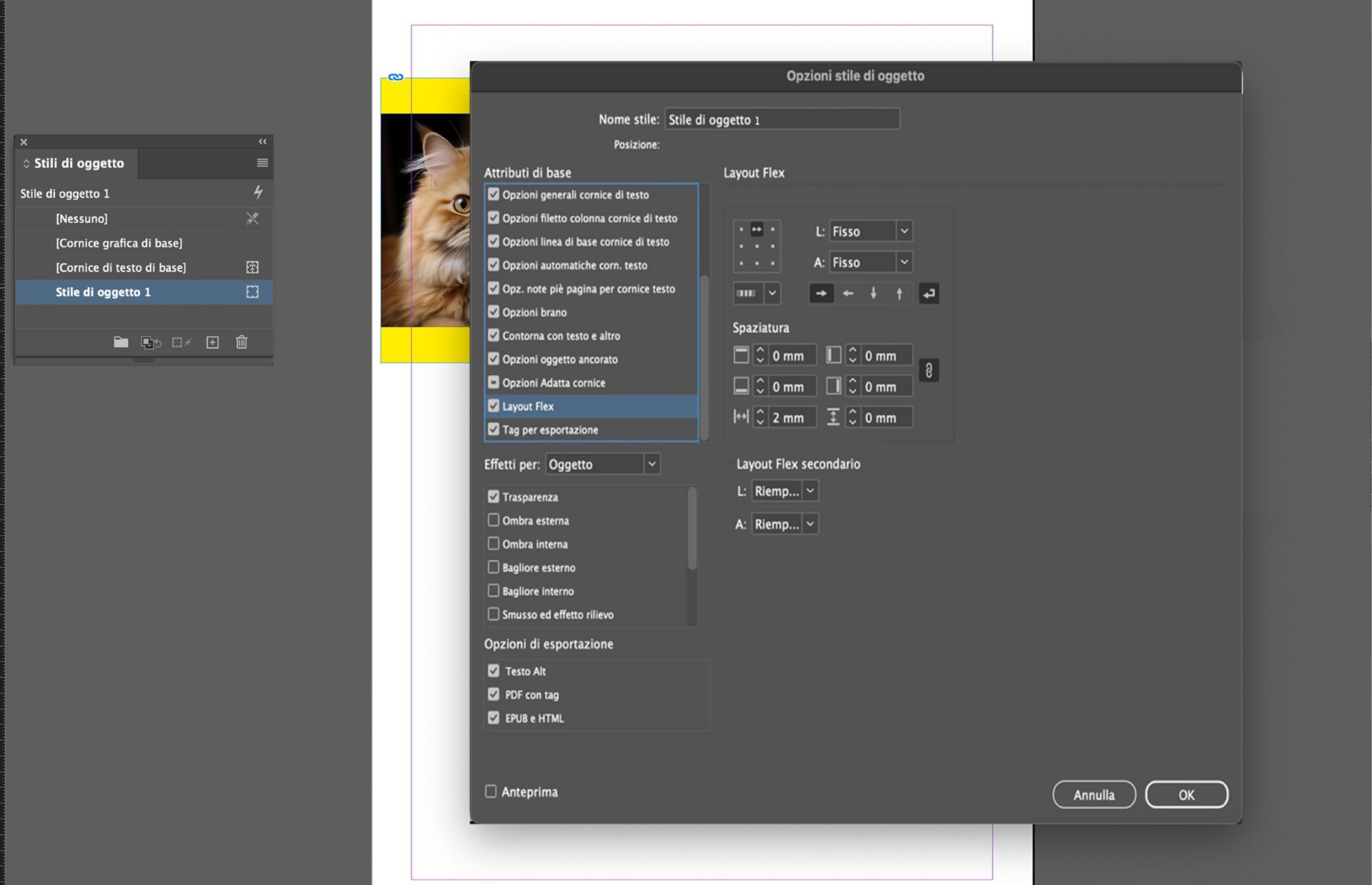 La finestra di dialogo Opzioni stile di oggetto è aperta con le opzioni del layout Flex selezionate
