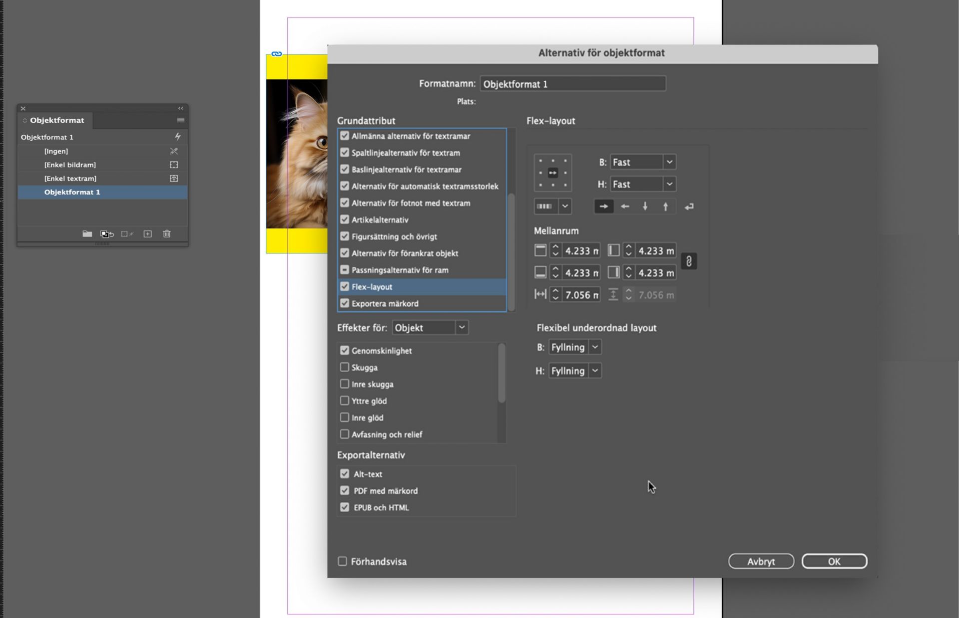 Dialogrutan Objektformatinställningar är öppen med Flex Layout-alternativ valda