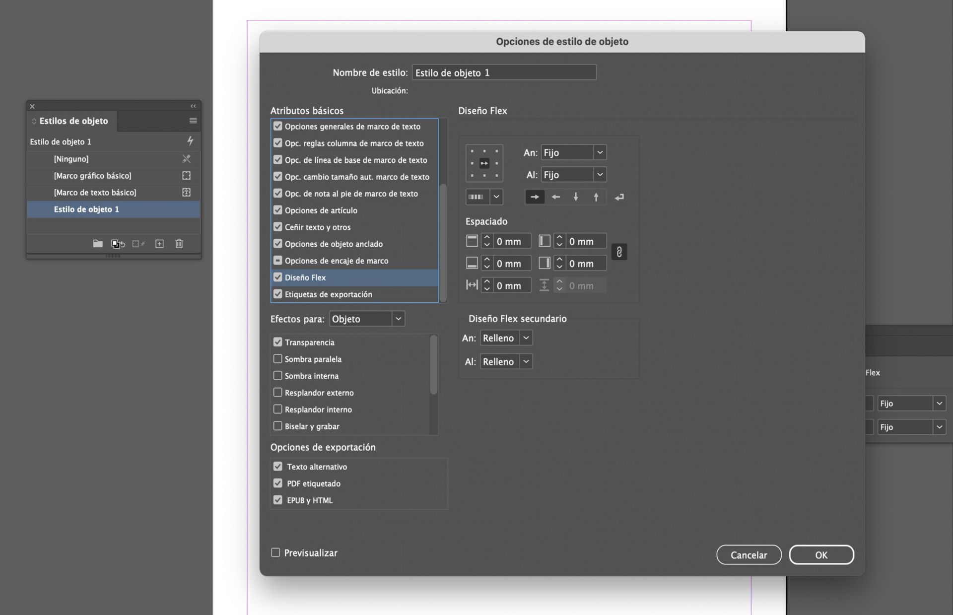Se abre el cuadro de diálogo Opciones de estilo de objeto con las opciones de diseño Flex seleccionadas
