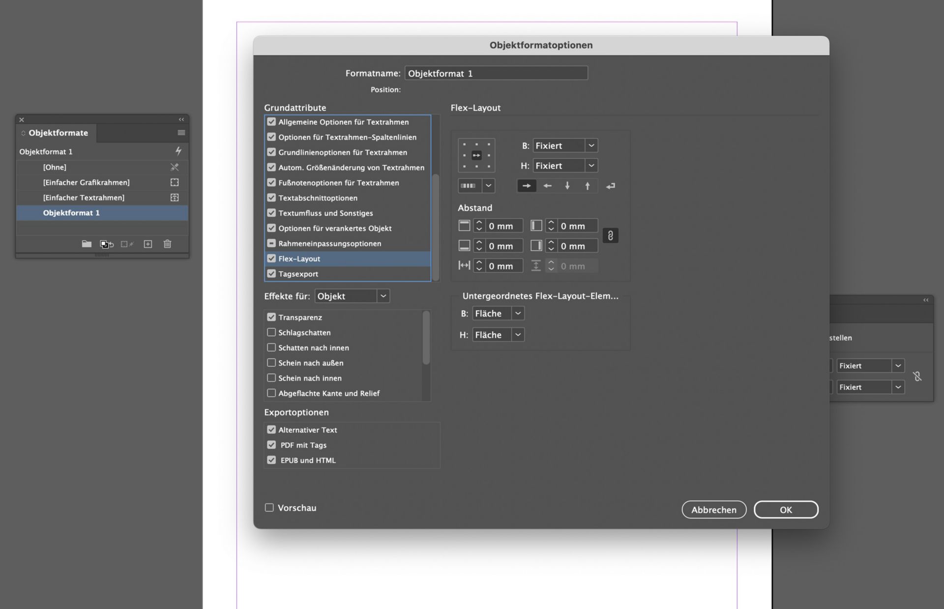 Dialogfeld für Objektstil-Optionen wird mit ausgewählten Flex-Layout-Optionen geöffnet