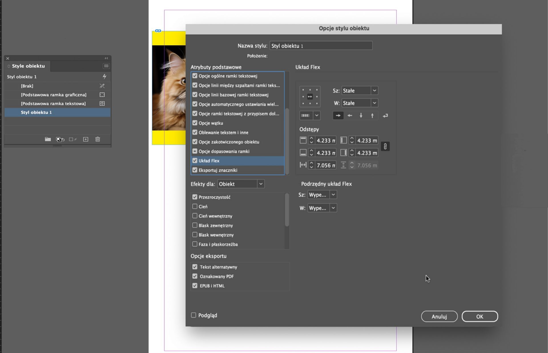 Otwarte okno dialogowe Opcje stylu obiektu z wybranymi opcjami układu Flex