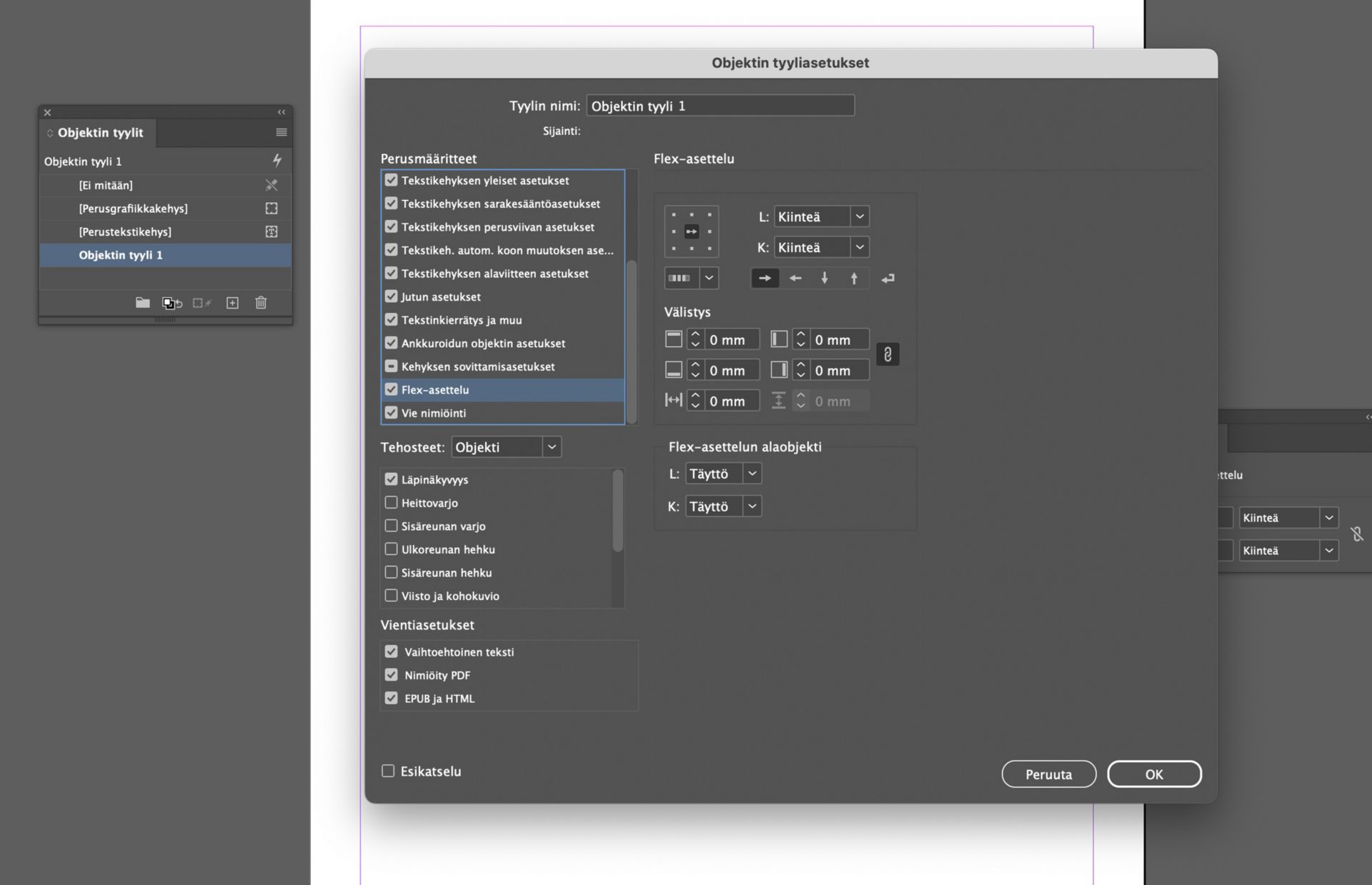 Objektityylin asetukset -valintaikkuna, jossa on valittuna Flex-asettelun asetuksia