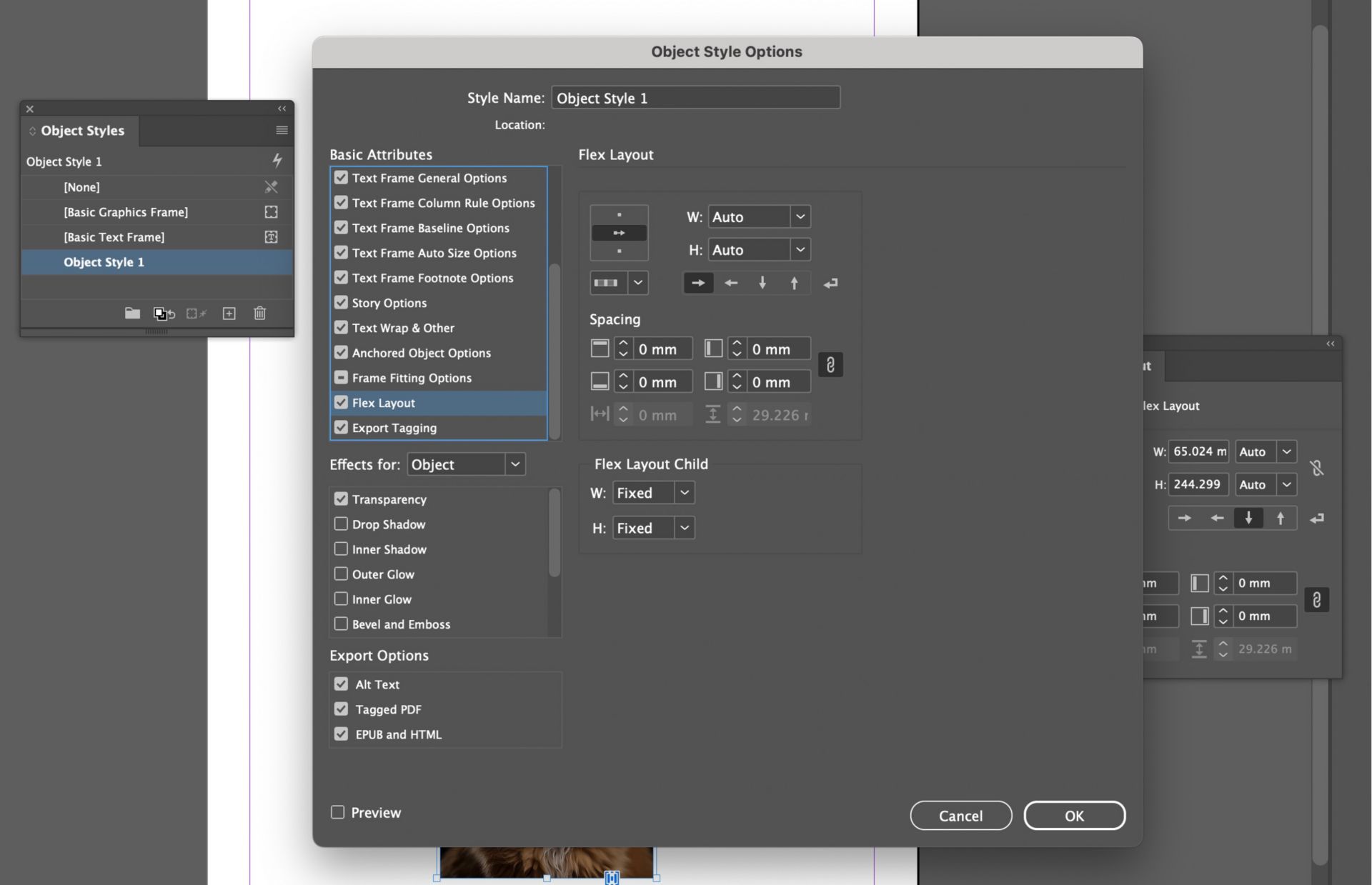 Object Style Options dialog box is opened with Flex Layout options selected