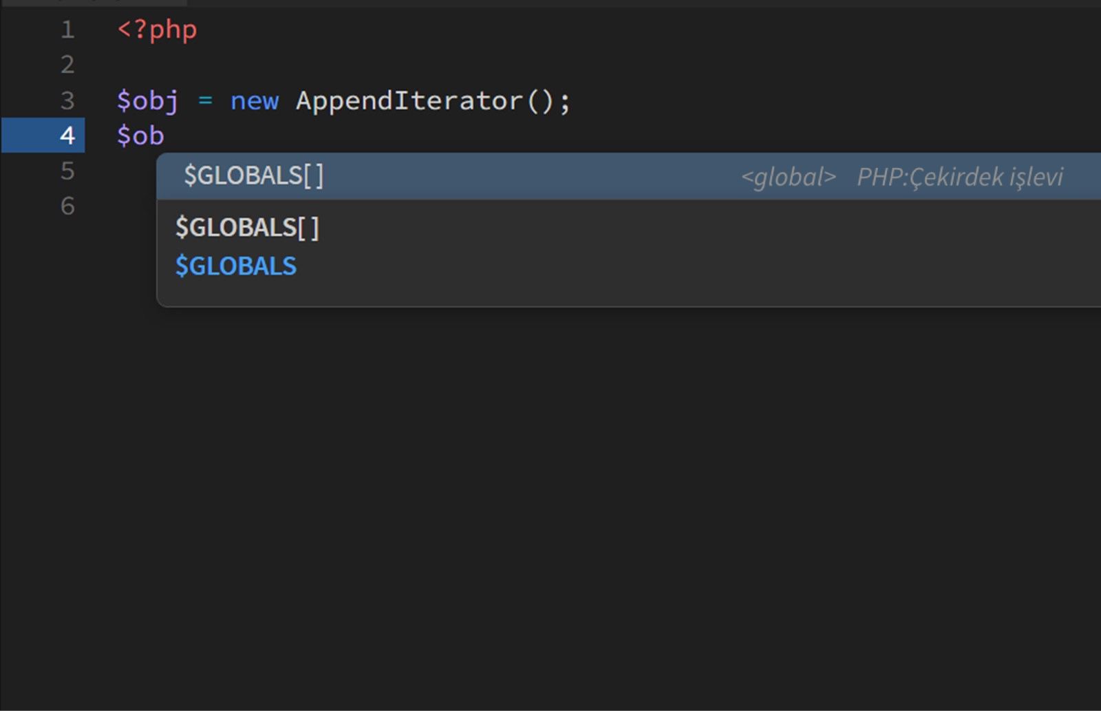 Kod görünümünde PHP nesnesi kod ipucu örneği.