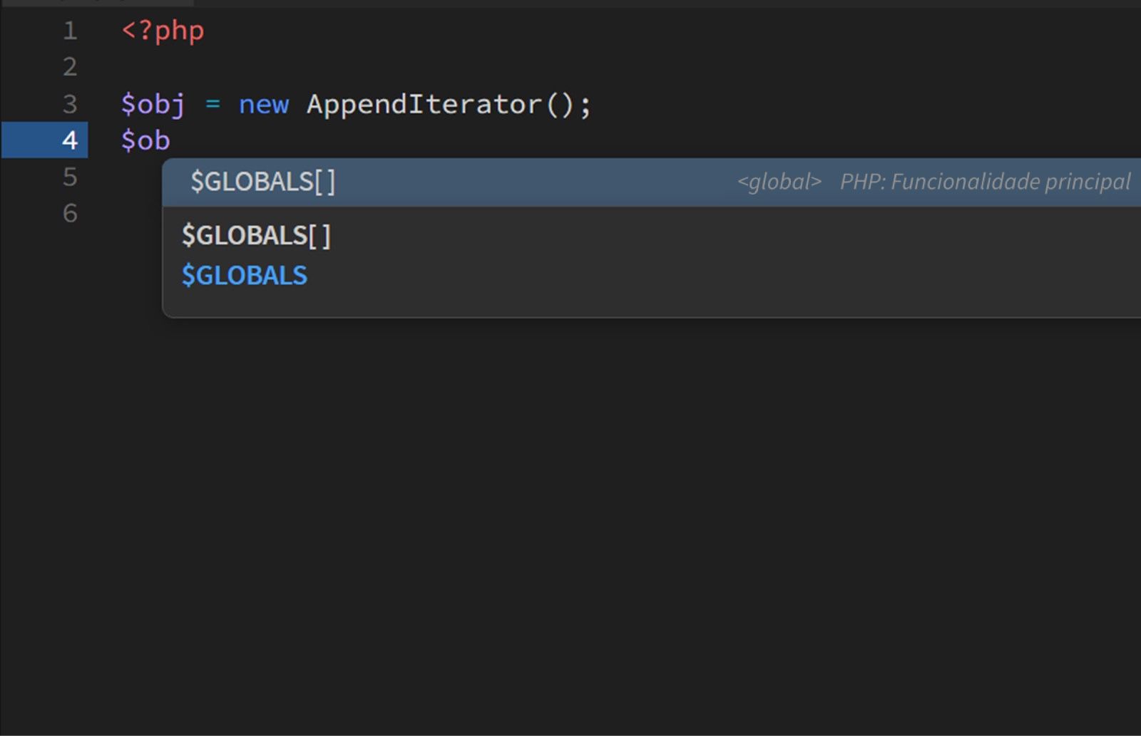Um exemplo da sugestão de código objeto PHP na visualização Código.