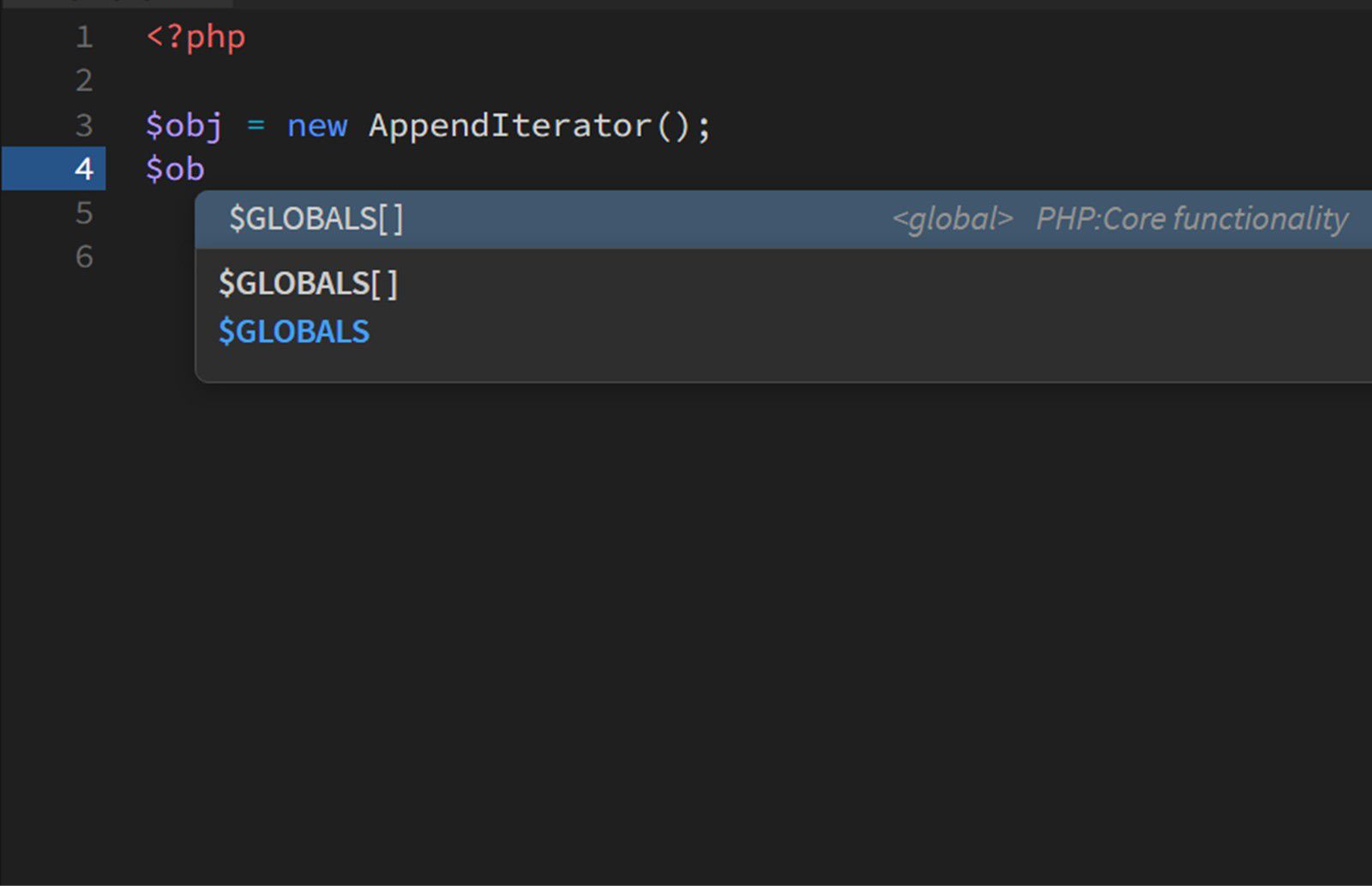 An example of the PHP object code hinting in the Code view.