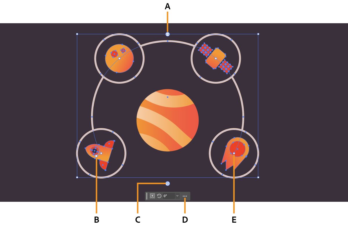 火箭、月球、卫星和彗星与围绕太阳的圆形路径对齐。