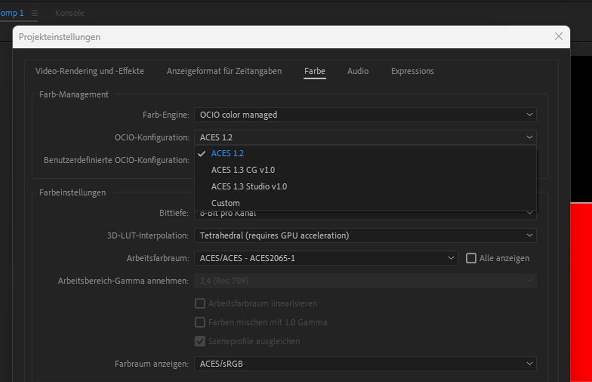 Das Dialogfeld „Projekteinstellungen“ ist geöffnet, und als Farb-Engine ist „OCIO Color Managed“ ausgewählt.